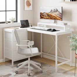 Babevy - L Shaped Computer Desk with Storage Drawers and Shelves, Corner Gaming Office Desk for Home Office Study - White