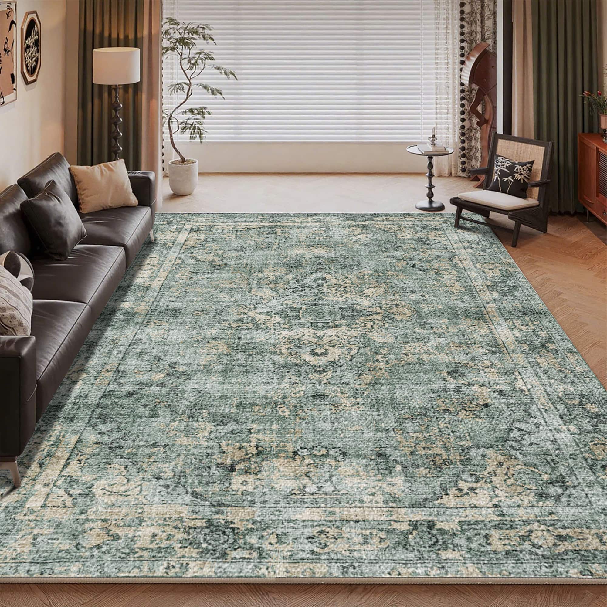 Front. Ihomeadore - 7FT x 5FT Vintage Bohemia Cotton Area Rug with Non-Slip TPR Backing for Indoor Living Room and Entryway - Green.