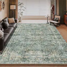 Ihomeadore - 7FT x 5FT Vintage Bohemia Cotton Area Rug with Non-Slip TPR Backing for Indoor Living Room and Entryway - Green