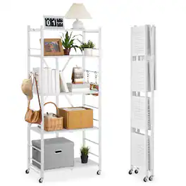 VEVOR - 5-Tier Foldable Storage Shelf, 28Wx15Dx64H Inch Folding Metal Rack Shelving Unit, Heavy Duty No Assembly Organizer Shelf - White