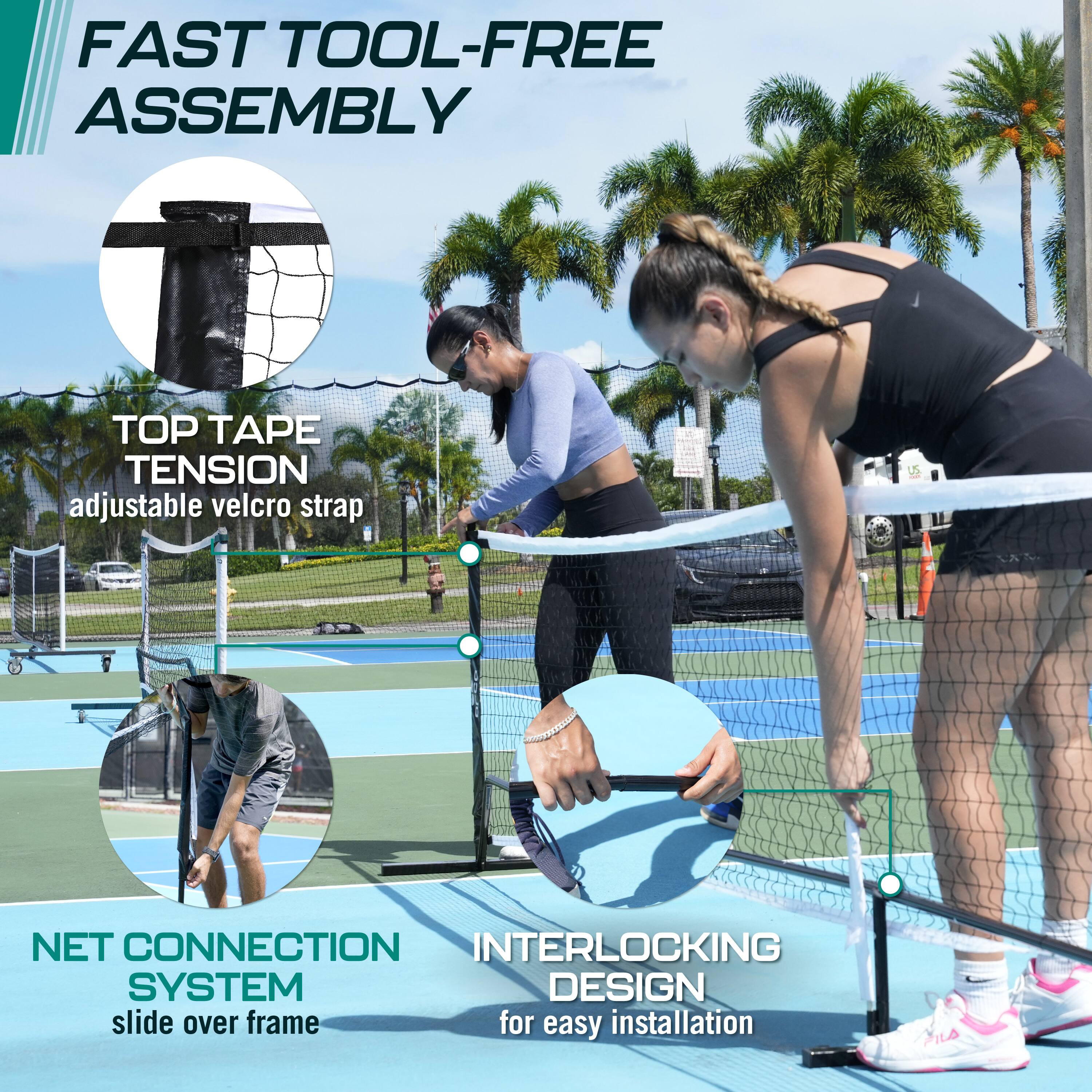 FAST TOOL-FREE ASSEMBLY TOP TAPE TENSION adjustable velcro strap NET CONNECTION INTERLOCKING SYSTEM DESIGN slide over frame for easy installation