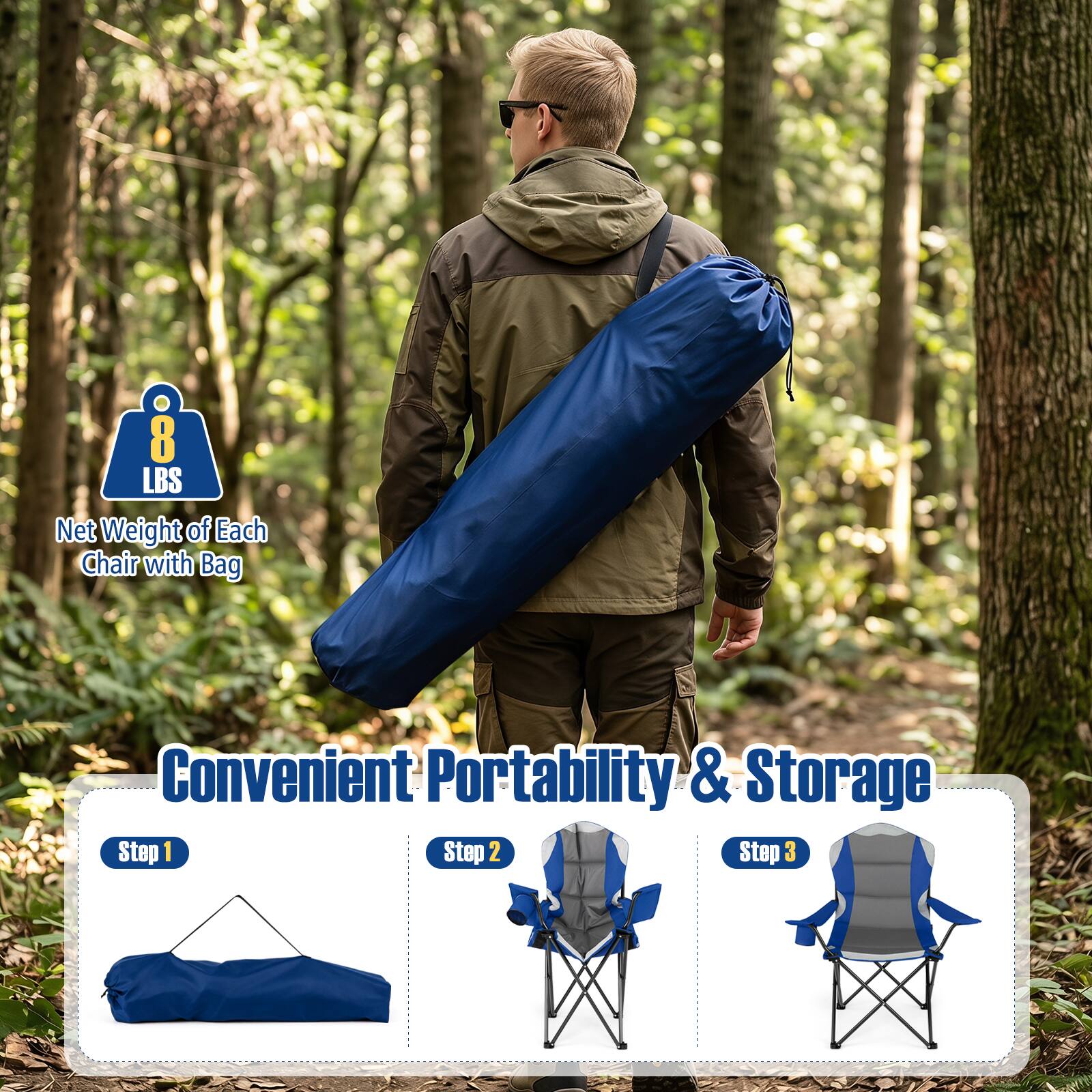 8 LBS Net Weight of Each Chair with Bag

Convenient Portability & Storage

Step 1

Step 2

Step 3