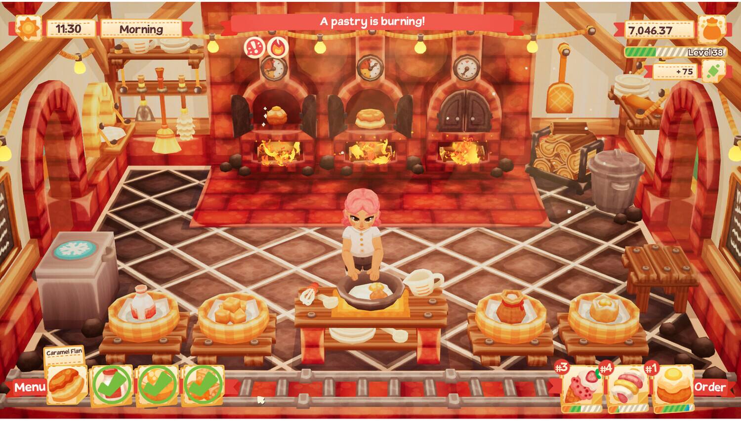 LO 11:30 Morning  
A pastry is burning!  
7,046.37  
Level 38 +75  
Caramel Flan  
Menu #3 #4 #1  
Order