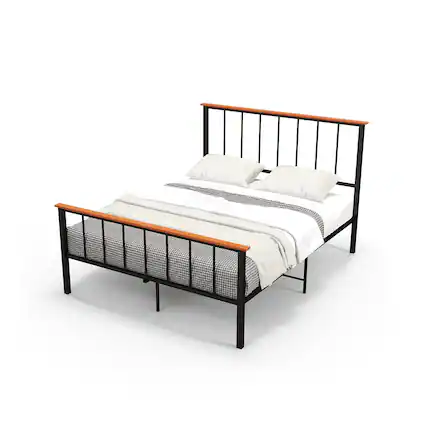 Front. LUCKY ONE - Queen Assembled Metal Bed Frame with Headboard Footboard Heavy Duty Slats 1100 lbs Capacity - Black, Red Oak-Queen.