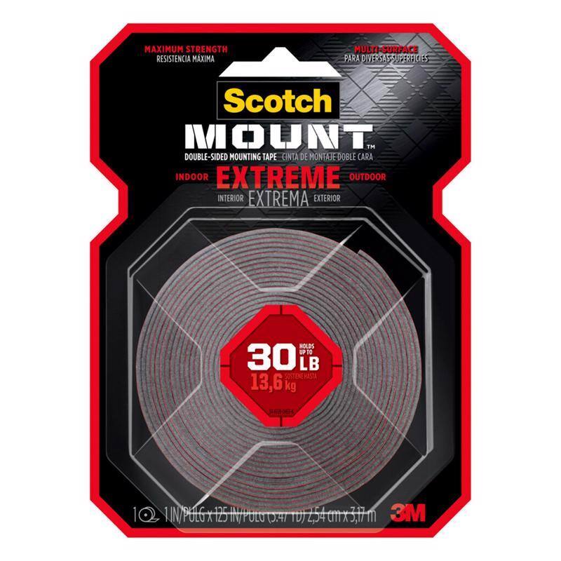 MAXIMUM STRENGTH  
RESISTENCIA MÁXIMA  

MULTI SURFACE  
PARA DIVERSAS SUPERFICIES  

Scotch MOUNT™  
DOUBLE-SIDED MOUNTING TAPE  
CINTA DE MONTAJE DOBLE CARA  

INDOOR EXTREME  
INTERIOR EXTREMA  

OUTDOOR  
EXTERIOR  

HOLDS UP TO 30 LB  
SOSTENÉ HASTA 13,6 kg  

1 IN/PULG x 125 IN/PULG (2,54 cm x 3,17 m)  

3M