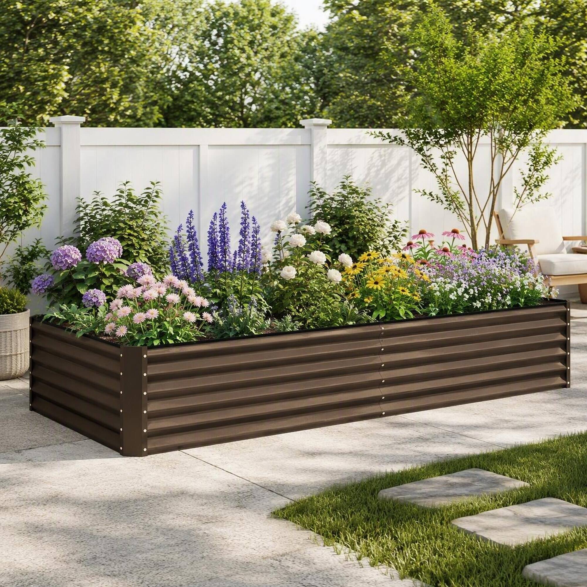 Back. RYHNUYNE - Galvanized Raised Garden Bed 8x4x1.5 ft Large Metal Planter Box for Vegetables Flowers Outdoor Brown - Brown.