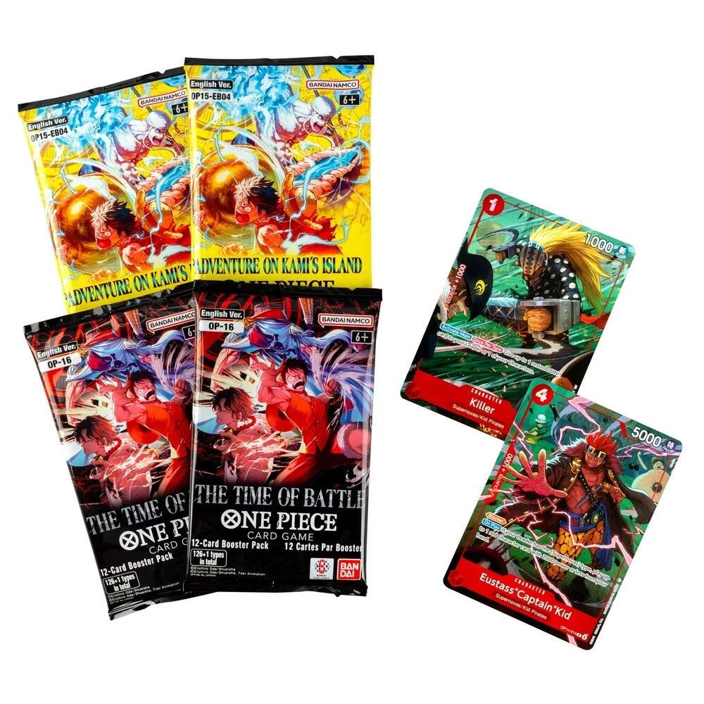 Ver. English OP15-EB04  
English Ver. BANDAINAMCO OP15-EB04 6+  
BANDAI NAMCO 6+  
ADVENTURE ON KAMI'S ISLAND  
English Ver. BANDAINAMCO BANDAI NAMCO OP-16 6+  
English Ver. OP-16 OF THE TIME OF BATTLE  
ONE PIECE ONE CARD GAME  
12-Card Booster Pack 12 Cartes Par Booste Pack 126+1 types Booster in total  
1000 +1000 Killer CHARACTER Supernovas/Kid  
5000 +1000 Eustass* CHARACTER Captain* "Kid