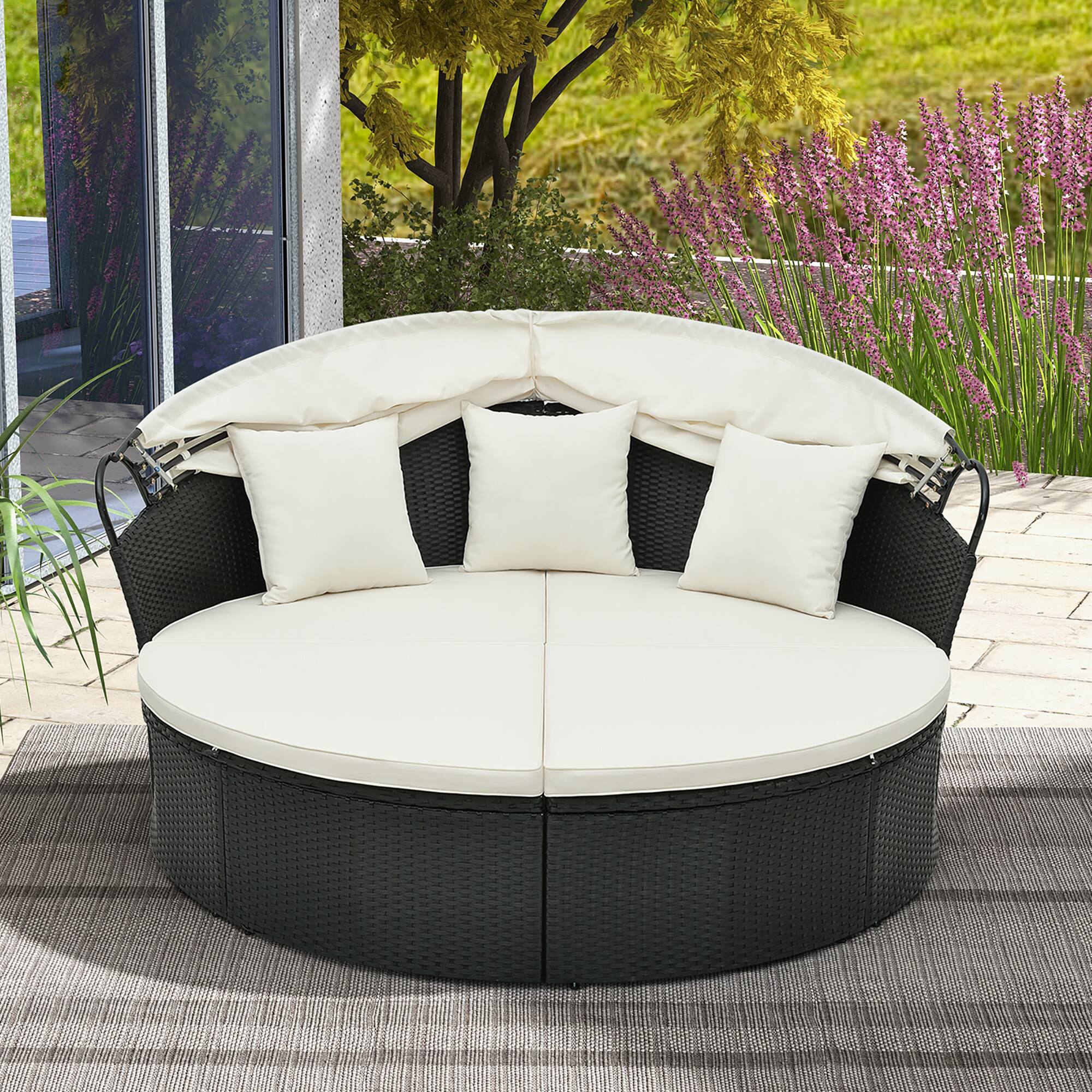 Alt View 3. Gymax - Gymax Patio Round Daybed Wicker Daybed w/ Retractable Canopy Separated Seating Sectional Sofa Black & White - Black, White.