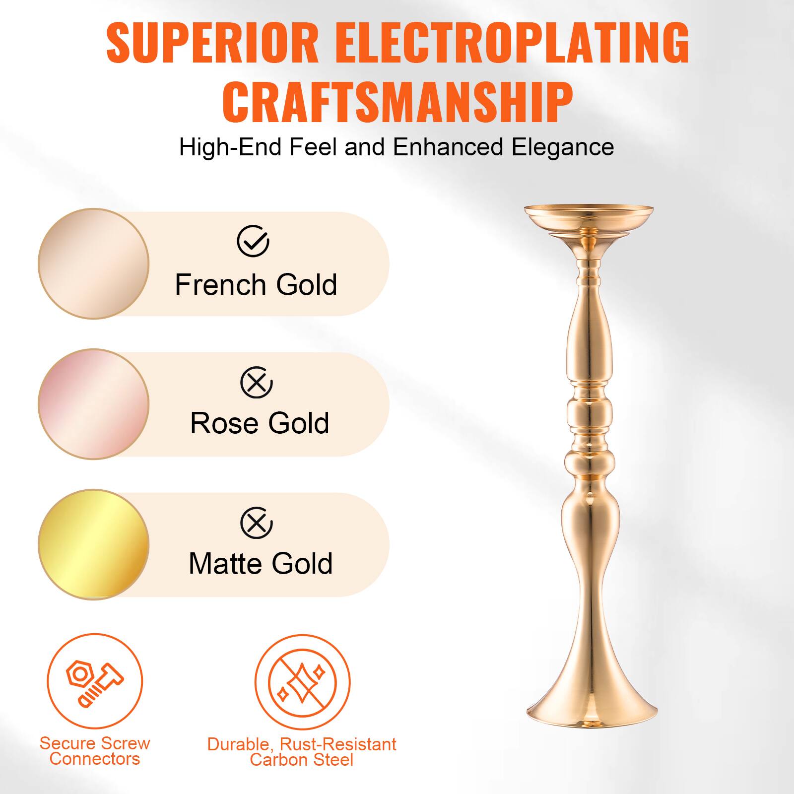 SUPERIOR ELECTROPLATING CRAFTSMANSHIP  
High-End Feel and Enhanced Elegance  

- French Gold  
- Rose Gold  
- Matte Gold  

Secure Screw Connectors  
Durable, Rust-Resistant Carbon Steel