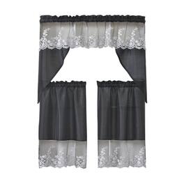 RT Designers Collection - Polyester Bethany Embroidered 3 PC Kitchen Curtains Tier & Swag Set 60" x 36" - Black