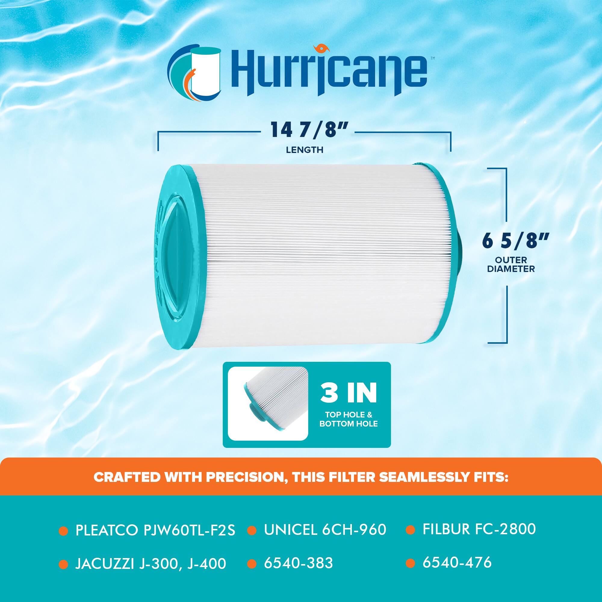 Hurricane

14 7/8" LENGTH

6 5/8" OUTER DIAMETER

3 IN TOP HOLE & BOTTOM HOLE

CRAFTED WITH PRECISION, THIS FILTER SEAMLESSLY FITS:

- PLEATCO PJW60TL-F2S
- UNICEL 6CH-960
- FILBUR FC-2800
- JACUZZI J-300, J-400
- 6540-383
- 6540-476