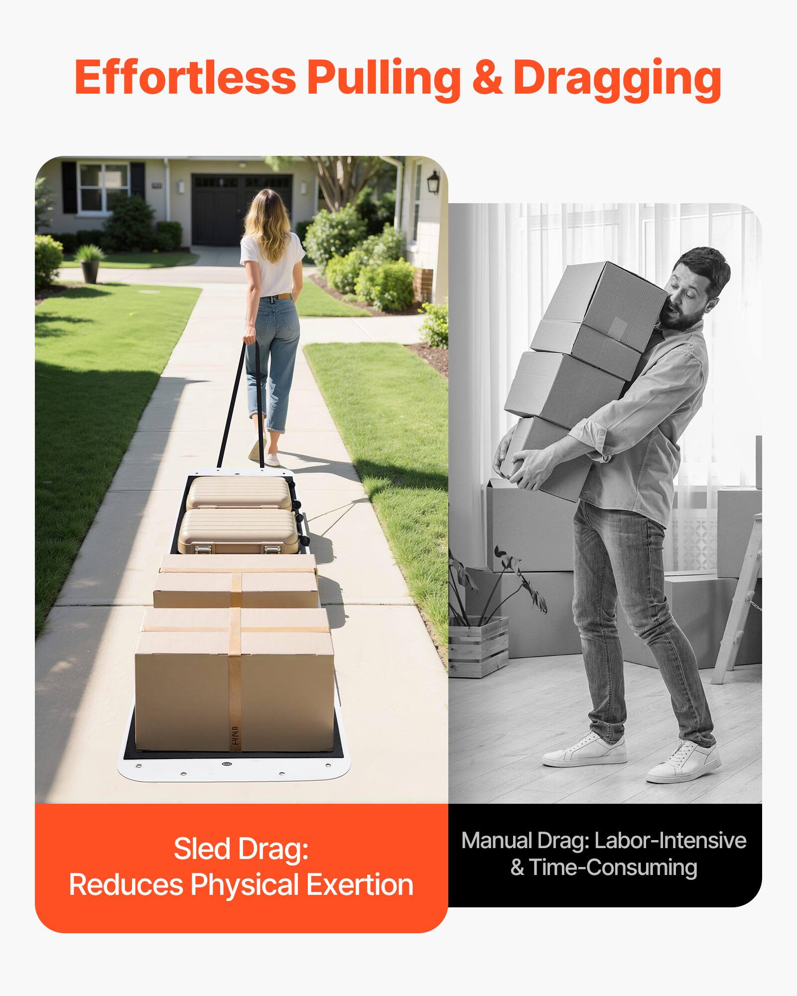 Effortless Pulling & Dragging

Sled Drag: Reduces Physical Exertion

Manual Drag: Labor-Intensive & Time-Consuming