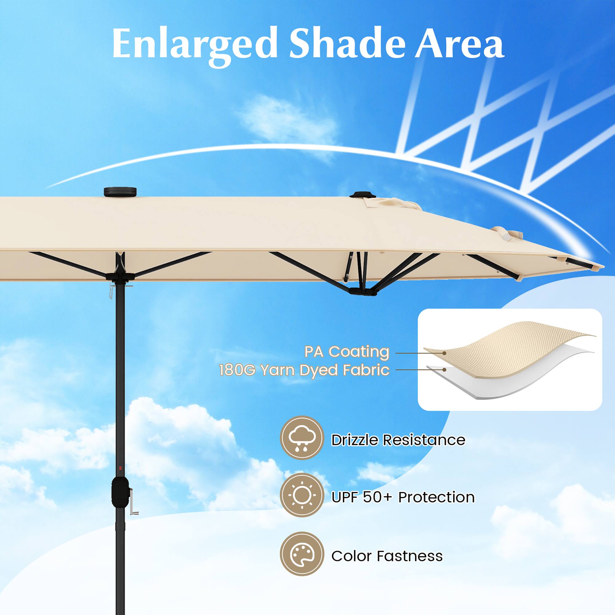 Enlarged Shade Area

PA Coating  
180G Yarn Dyed Fabric

- Drizzle Resistance
- UPF 50+ Protection
- Color Fastness