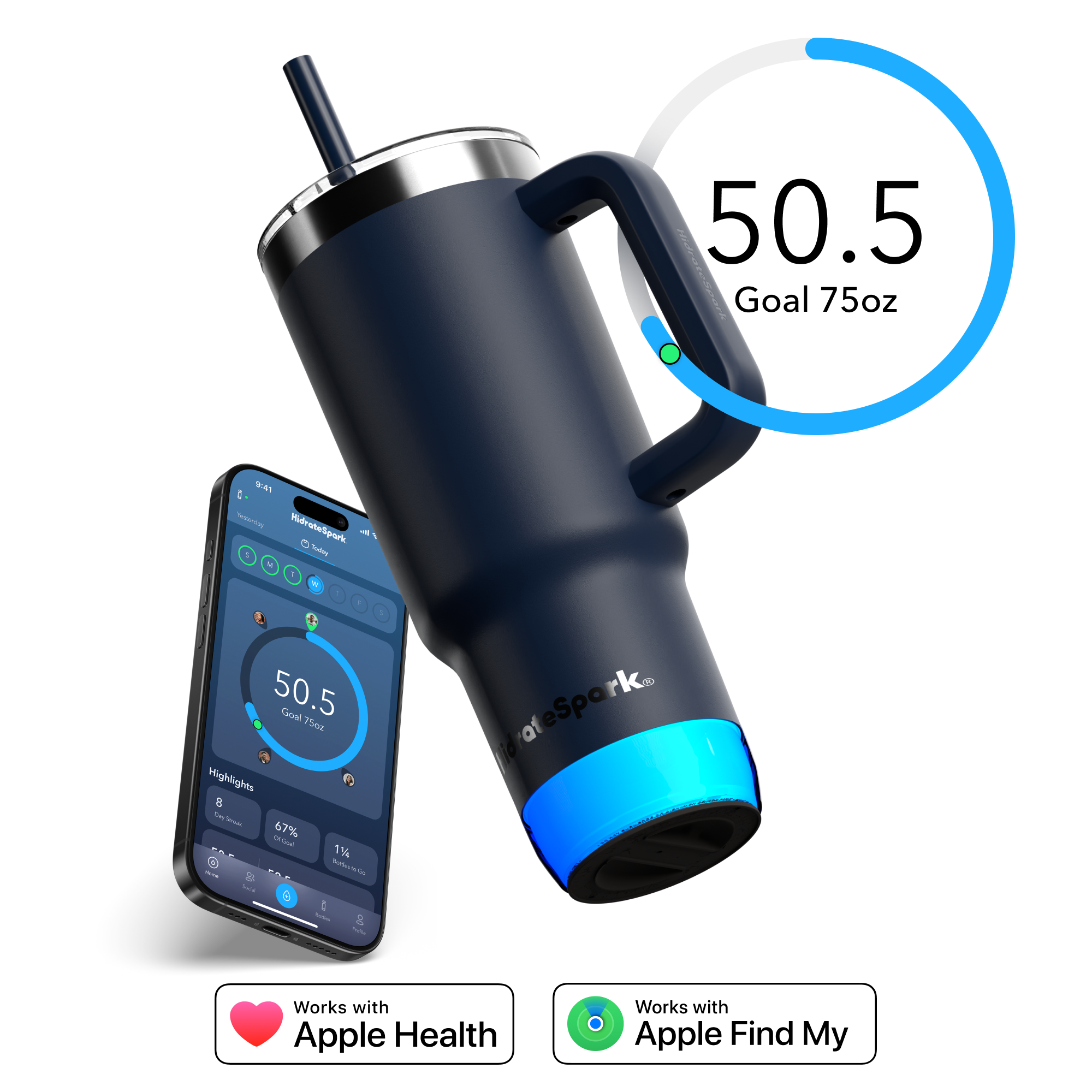 D ni A - Wdratelipark - D -y 7 50.5 Goal 75az Highlights 6 - - - 67% . - d 1% - ..E - a : - 2 - idrateSpork Works with Apple Health Works with Apple Find My