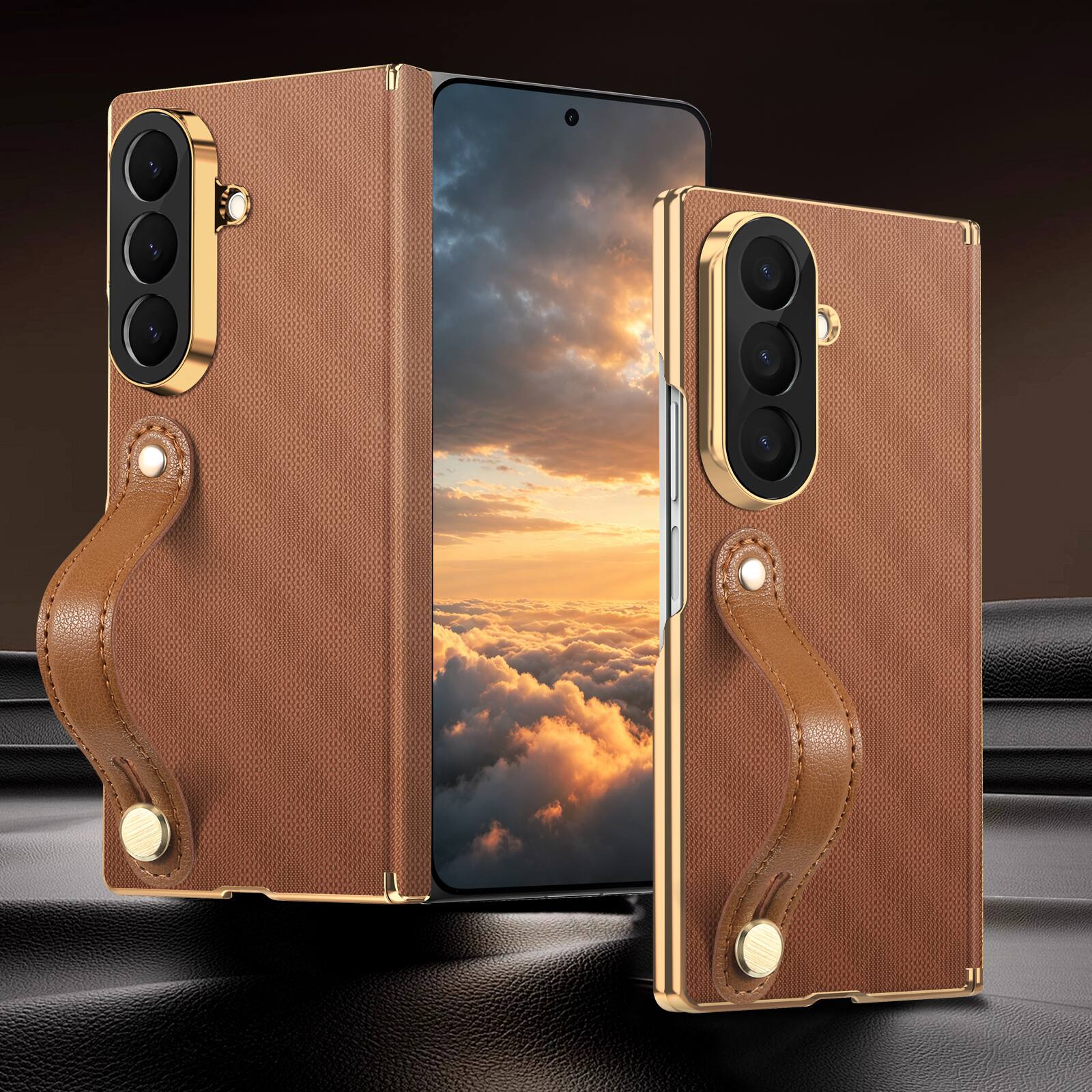 Back. Dteck - Shockproof Case for Samsung Galaxy Z Fold8 Ultra with Wrist Strap, Rigid Plastic Leather Texture Dual Axis Hinge Cover - Brown.
