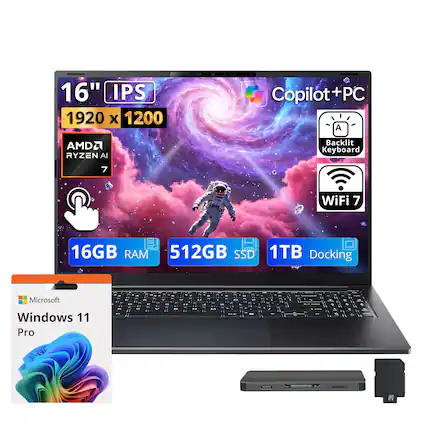 16" IPS 1920 x 1200 Copilot+PC PC A AMD2 RYZEN AI Backlit Keyboard 7 WiFi 7 16GB RAM 512GB SSD 1TB Docking Microsoft Windows 11 Pro