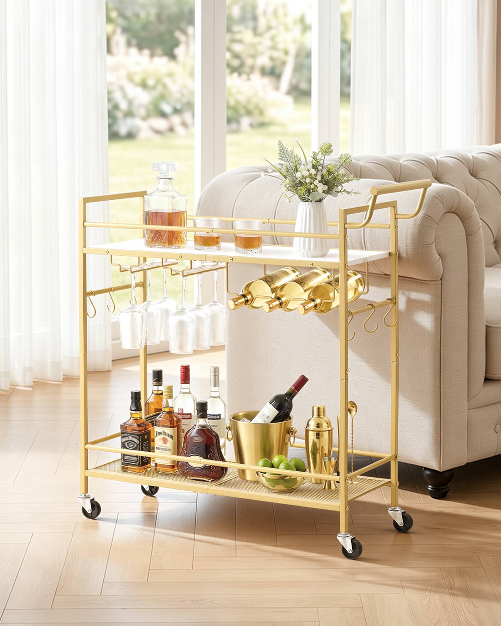 Alt View 2. VEVOR - Bar Cart, 2 Tiers Home Kitchen Serving Carts, Modern Rolling Utility Station on Wheel, Mobile Drink Beverage Trolley - Gold + White.
