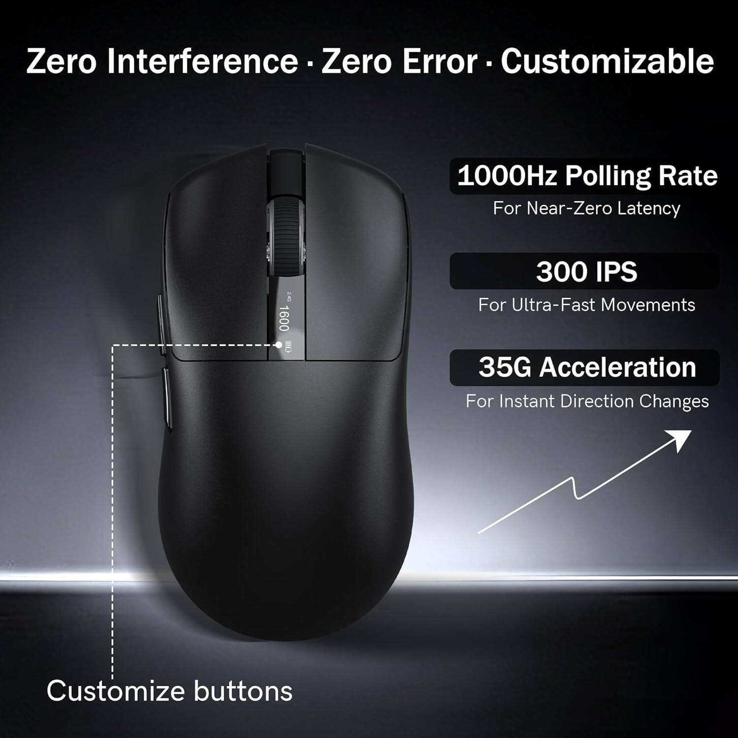 Zero Interference • Zero Error • Customizable

1000Hz Polling Rate  
For Near-Zero Latency

300 IPS  
For Ultra-Fast Movements

35G Acceleration  
For Instant Direction Changes

Customize buttons