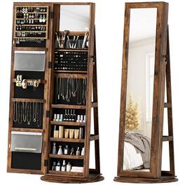 Homcom - Swivel Jewelry Armoire, Lockable Jewelry Cabinet with Full-Length Mirror, Storage Shelves - Rustic Brown