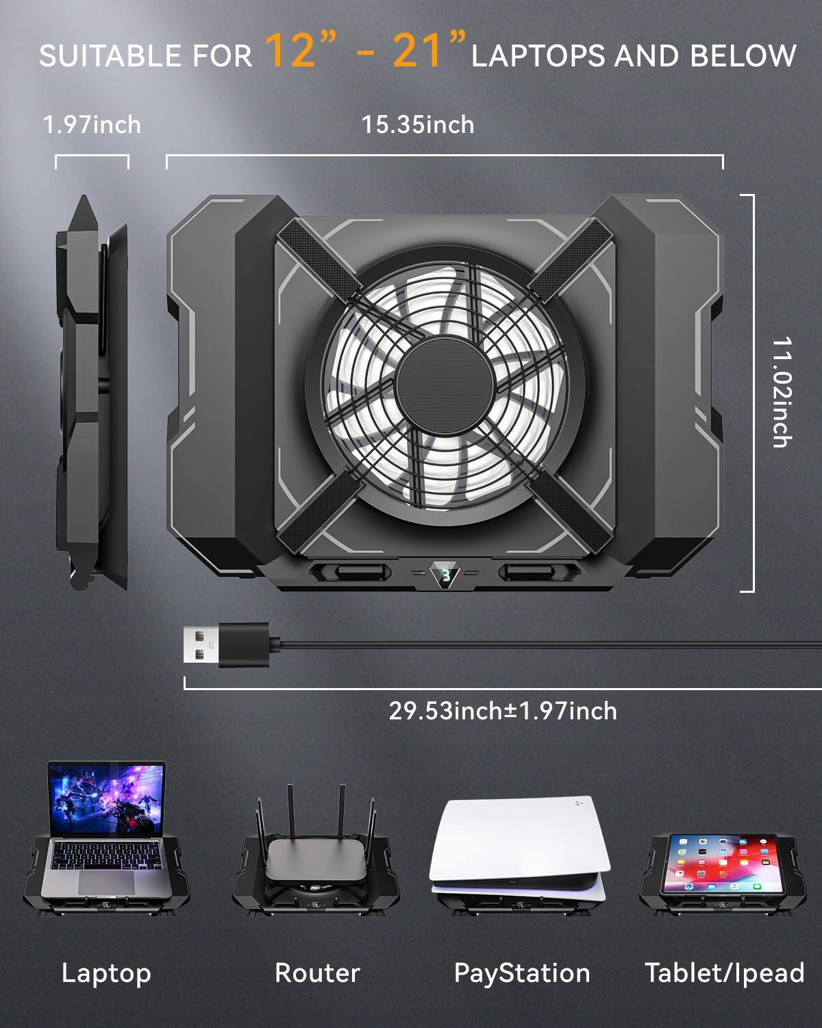 SUITABLE FOR 12" - 21" LAPTOPS AND BELOW

1.97inch  
15.35inch  
11.02inch  
29.53inch±1.97inch

Laptop  
Router  
PayStation  
Tablet/lpad