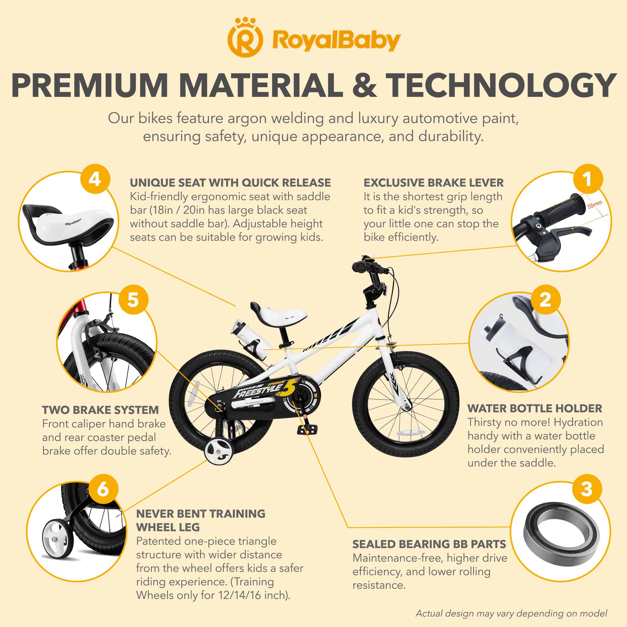 **RoyalBaby PREMIUM MATERIAL & TECHNOLOGY**

Our bikes feature argon welding and luxury automotive paint, ensuring safety, unique appearance, and durability.

**1. EXCLUSIVE BRAKE LEVER**
It is the shortest grip length bar (18in / 20in has large black seat to fit a kid's strength, so your little one can stop the bike efficiently.

**2. UNIQUE SEAT WITH QUICK RELEASE**
Kid-friendly ergonomic seat with saddle bar (18in / 20in has large black seat without saddle bar). Adjustable height seats can be suitable for growing kids.

**3. SEALED BEARING BB PARTS**
Maintenance-free, higher drive efficiency, and lower rolling resistance.

**4. TWO BRAKE SYSTEM**
Front caliper hand brake and rear coaster pedal brake offer double safety.

**5. WATER BOTTLE HOLDER**
Thirsty no more! Hydration handy with a water bottle holder conveniently placed under the saddle.

**6. NEVER BENT TRAINING WHEEL LEG**
Patented one-piece triangle structure with wider distance from the wheel offers kids a safer riding experience. (Training Wheels only for 12/14/16 inch).

*Actual design may vary depending on model*