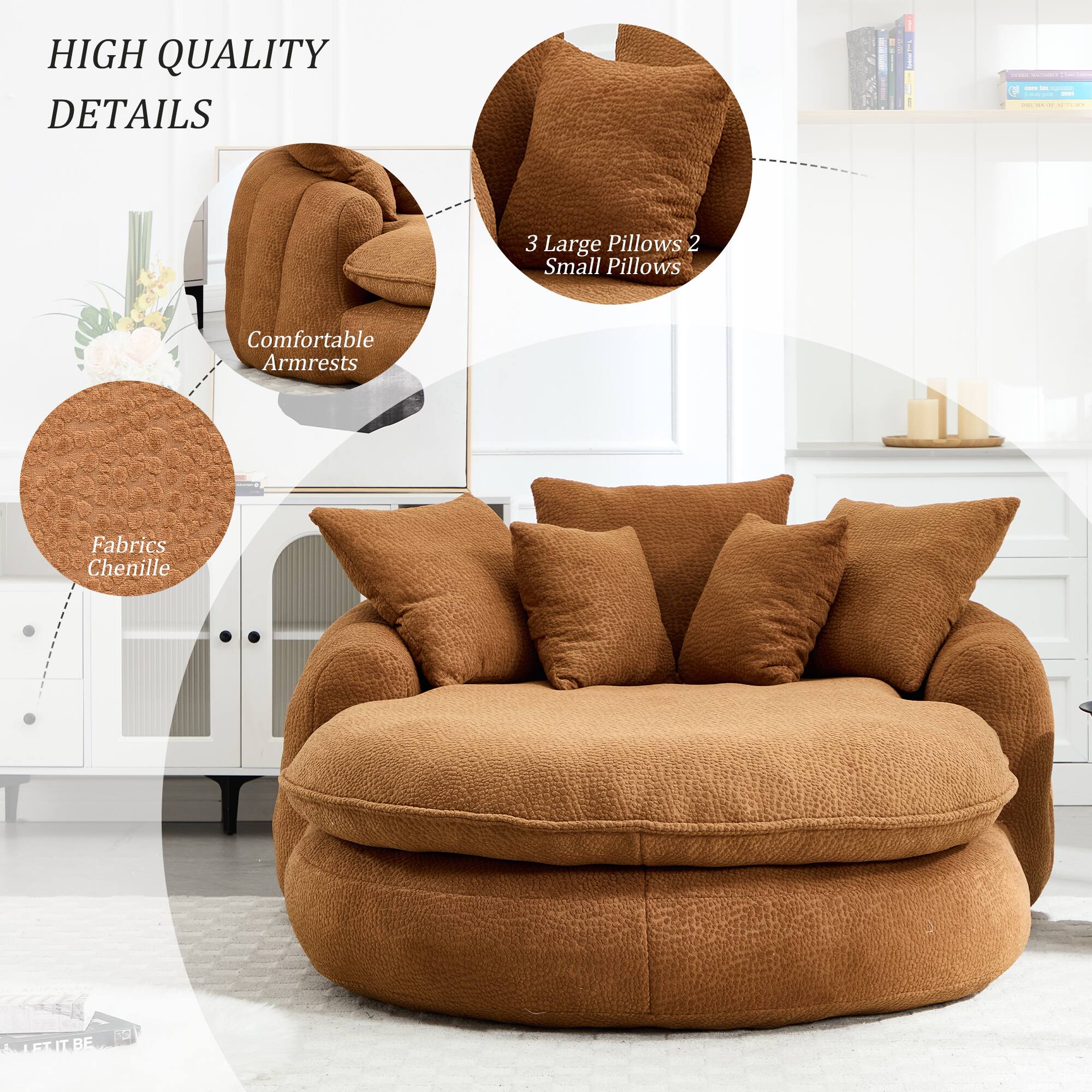HIGH QUALITY DETAILS

- 3 Large Pillows
- 2 Small Pillows
- Comfortable Armrests
- Fabrics Chenille