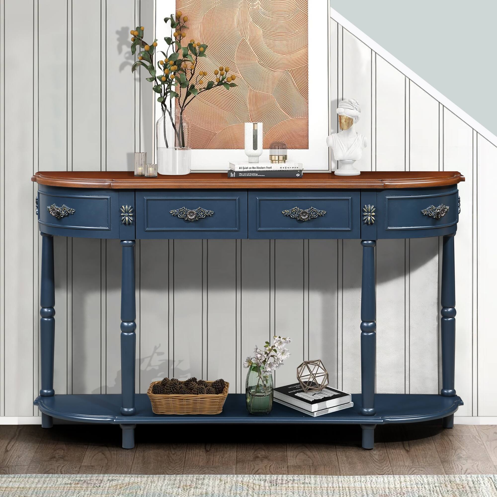 Left. GOODSILO - Retro Curved Wood Console Table with Open Shelf and Drawers Half Moon Sofa Table Solid Wood Entry Table - Navy Blue.