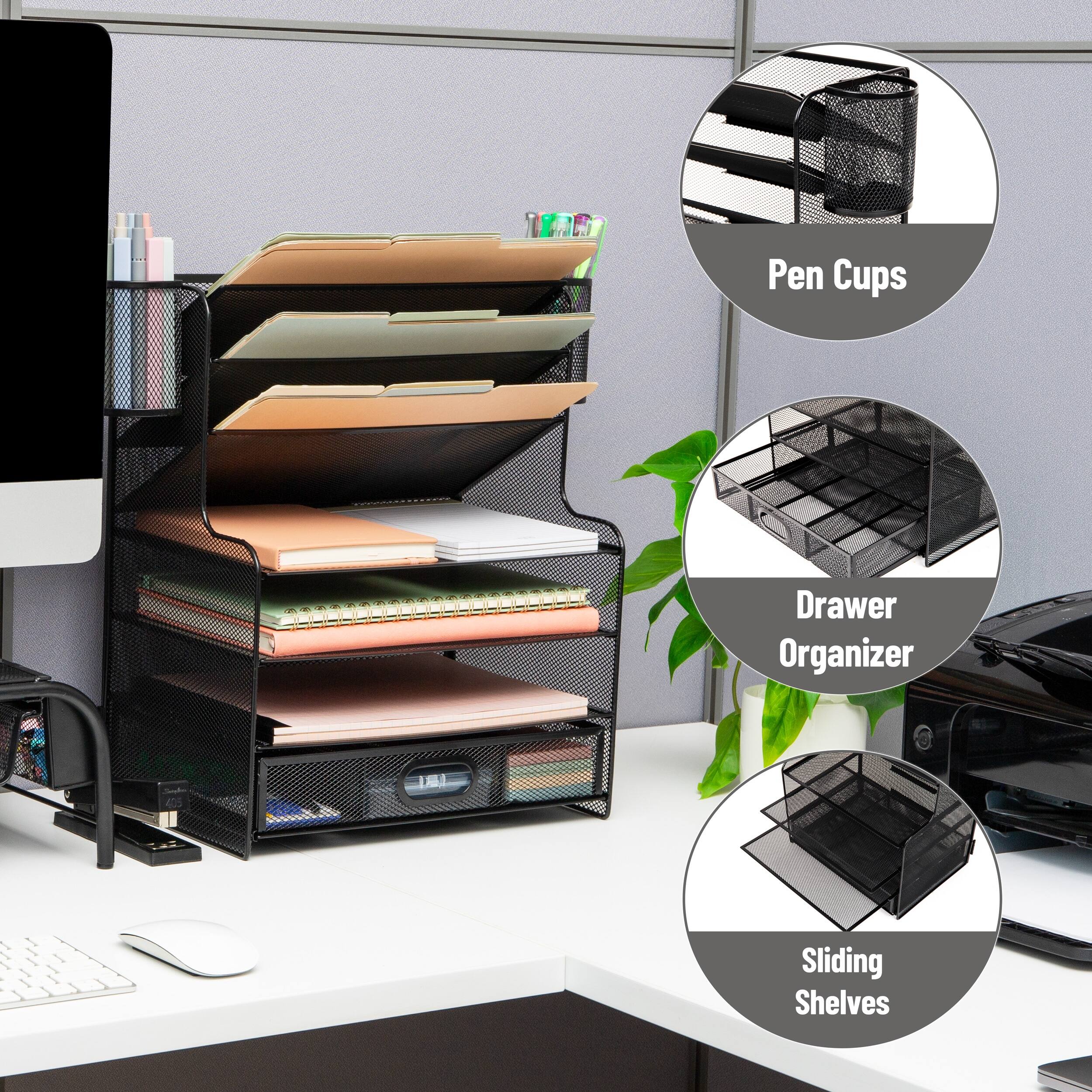 Pen Cups  
Drawer Organizer  
Sliding Shelves