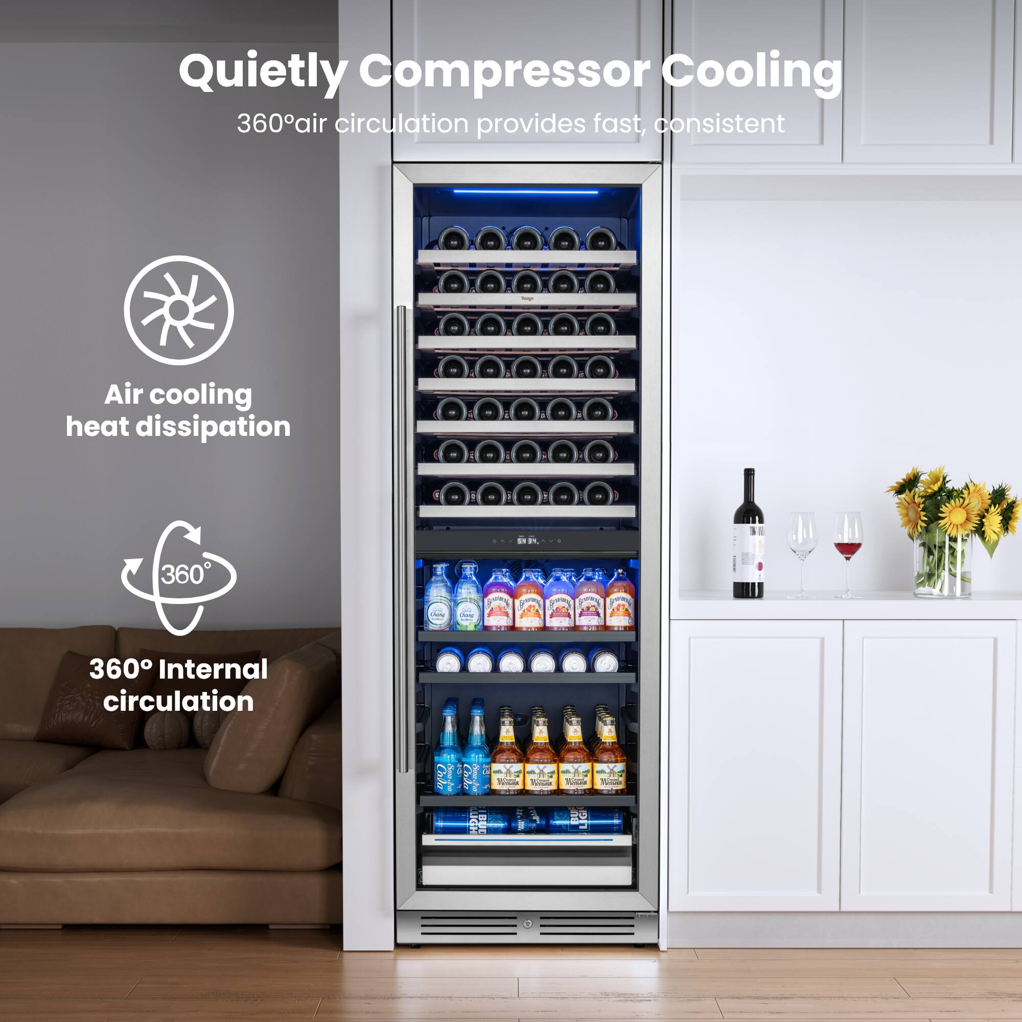 Quietly Compressor Cooling  
360° air circulation provides fast, consistent  
Air cooling heat dissipation  

360° Internal circulation