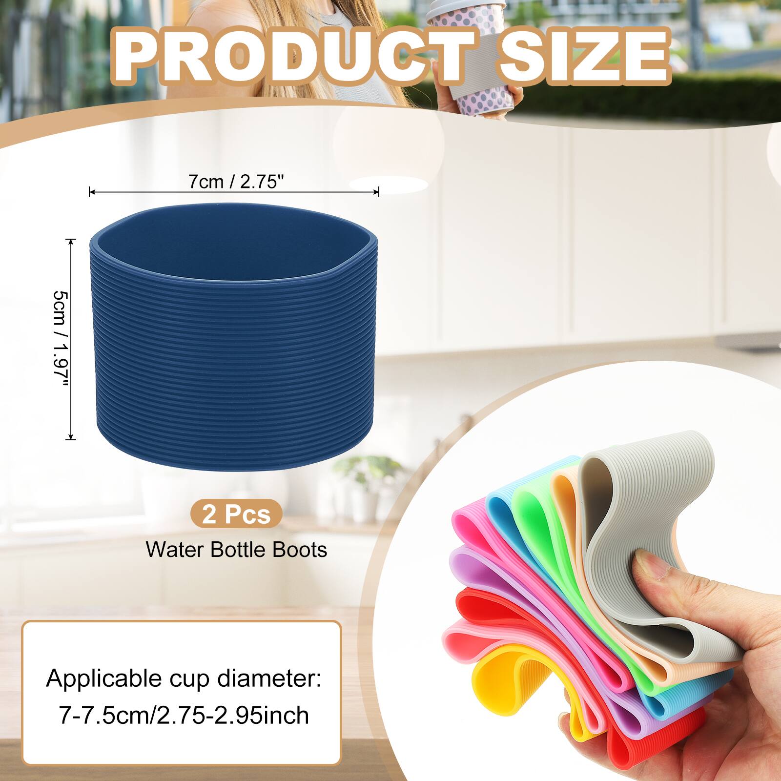 PRODUCT SIZE

7cm / 2.75"  
5cm / 1.97"

2 Pcs Water Bottle Boots

Applicable cup diameter:  
7-7.5cm / 2.75-2.95inch