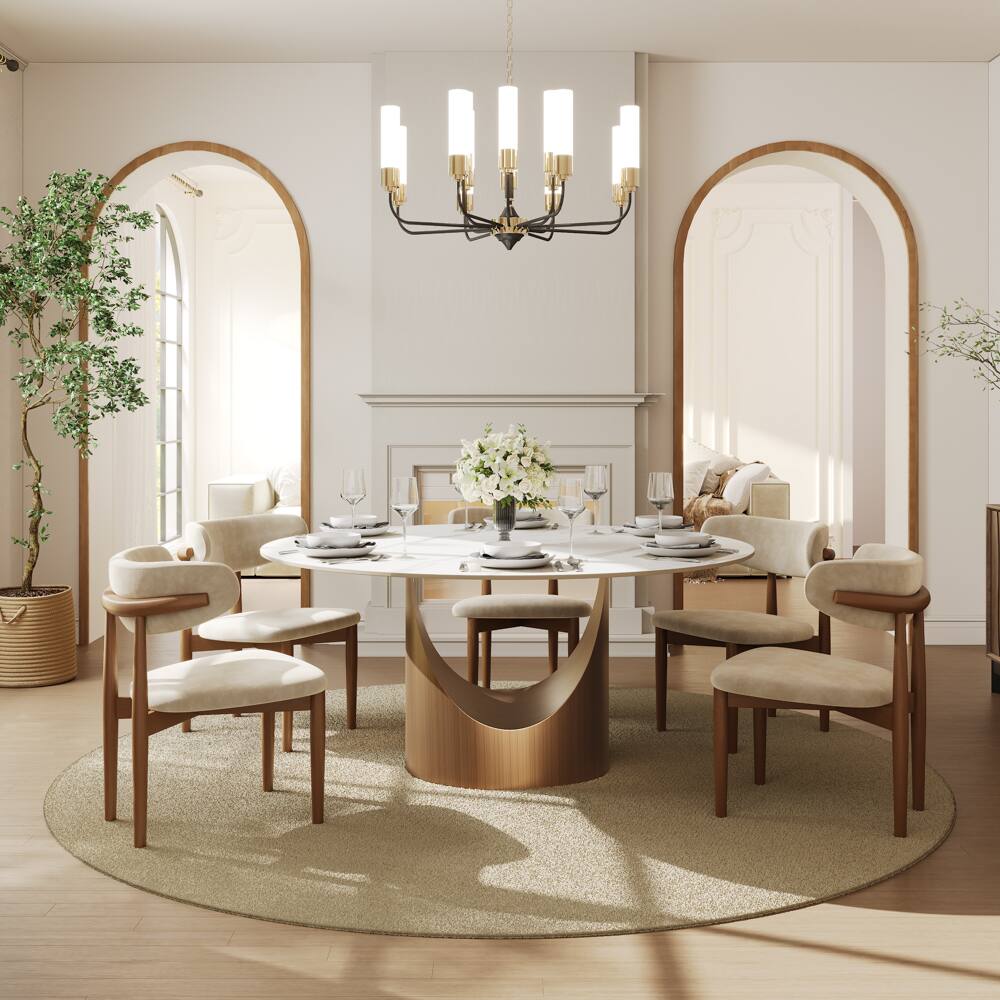 Angle. POVISON - 59" White Round Matte Sintered Stone Dining Table with Bronze U-shaped Steel Base - White Matte Sintered Stone with Bronze Steel Base.