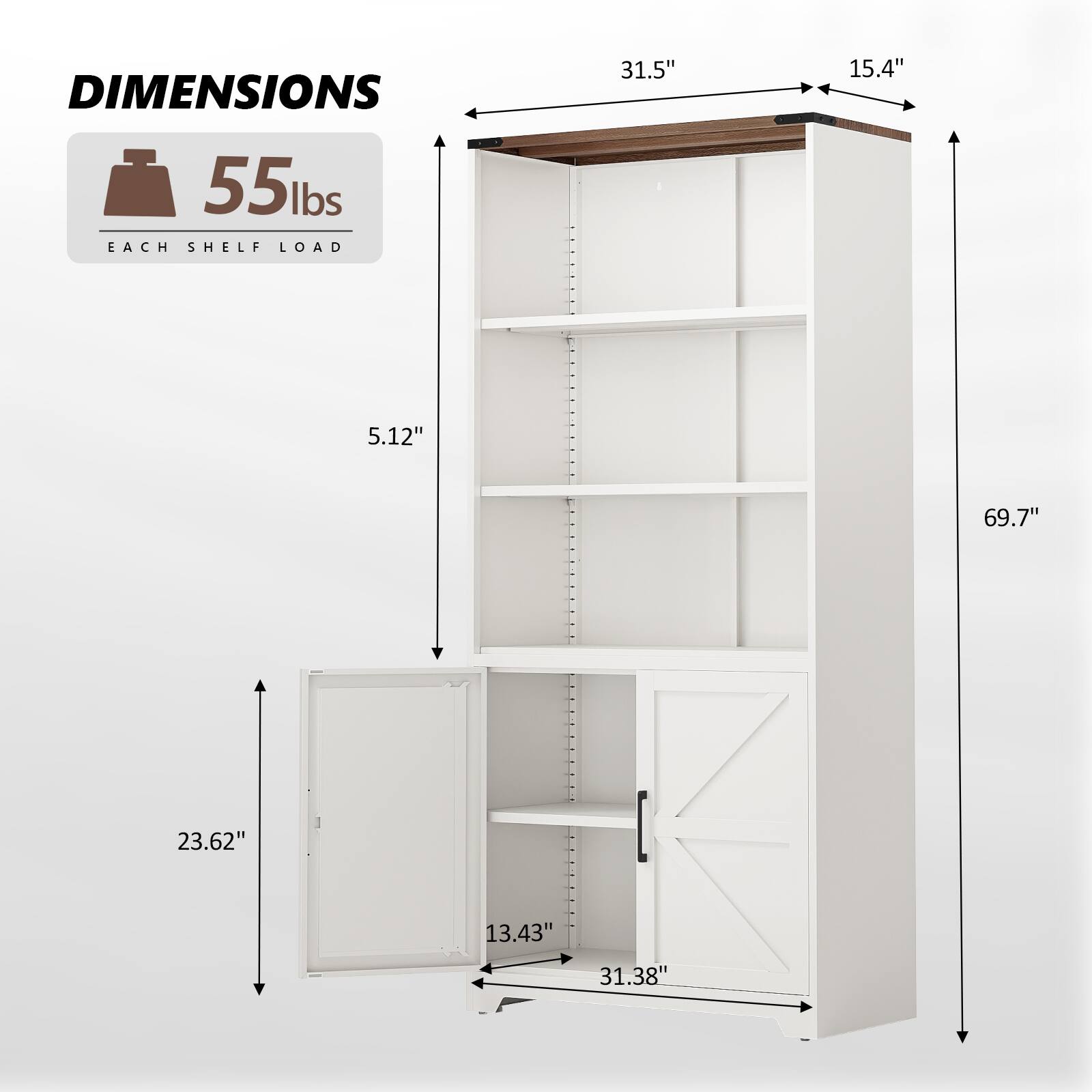 DIMENSIONS  
55 lbs EACH SHELF LOAD  
31.5" x 15.4" x 5.12" x 69.7" x 23.62" x 13.43" x 31.38"