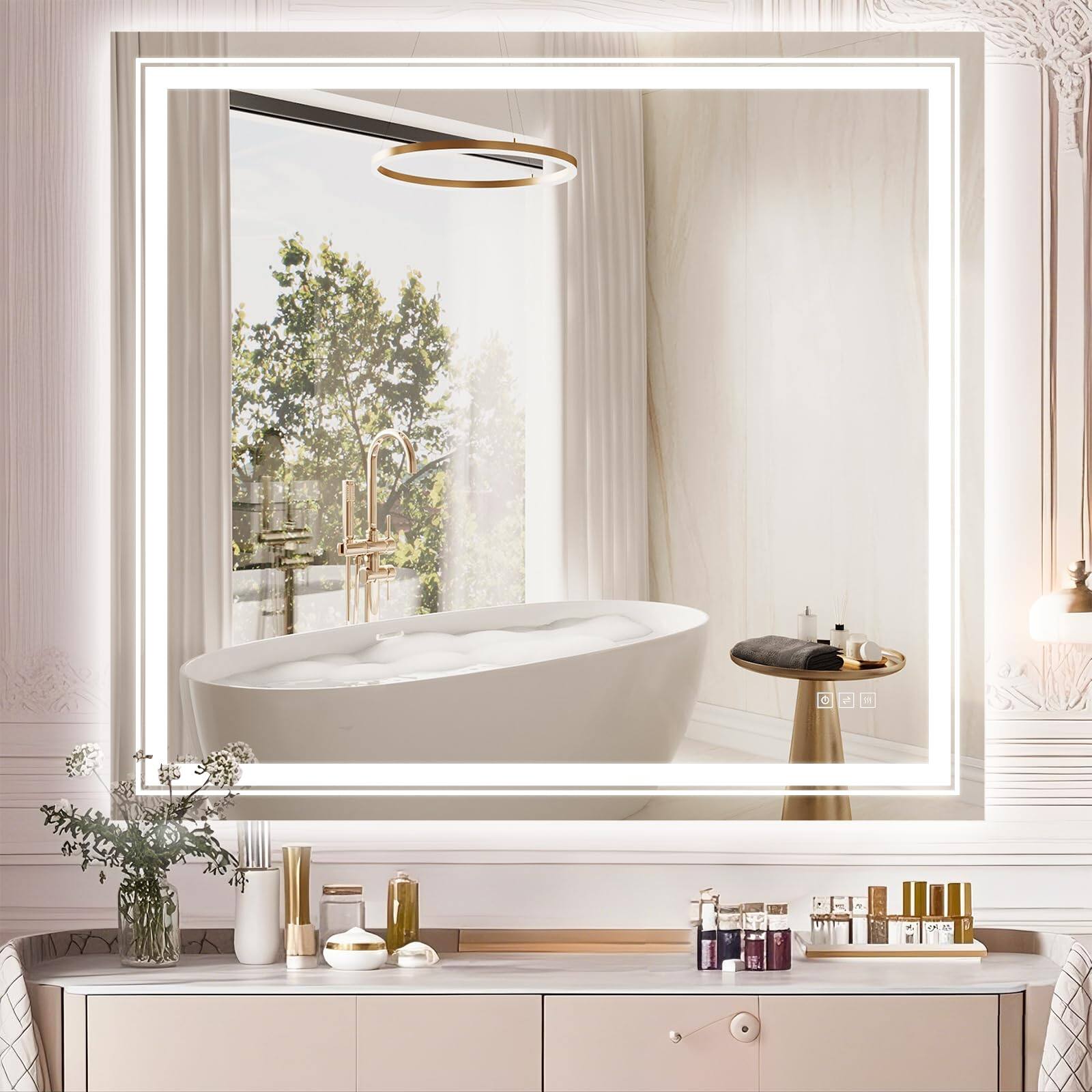 Earthley Blooms - 20x30 Led Mirror For Bathroom With Front And Backlit Light Up Digital Mirrors Wall Anti Fog Stepless Dimm - 36"L x 40"W