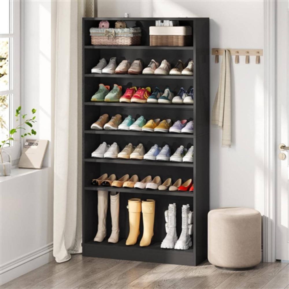 Angle. Hivvago - 8-Shelf Shoe Rack Storage Cabinet Closet Shelving Unit in Black Wood Finish - Black.