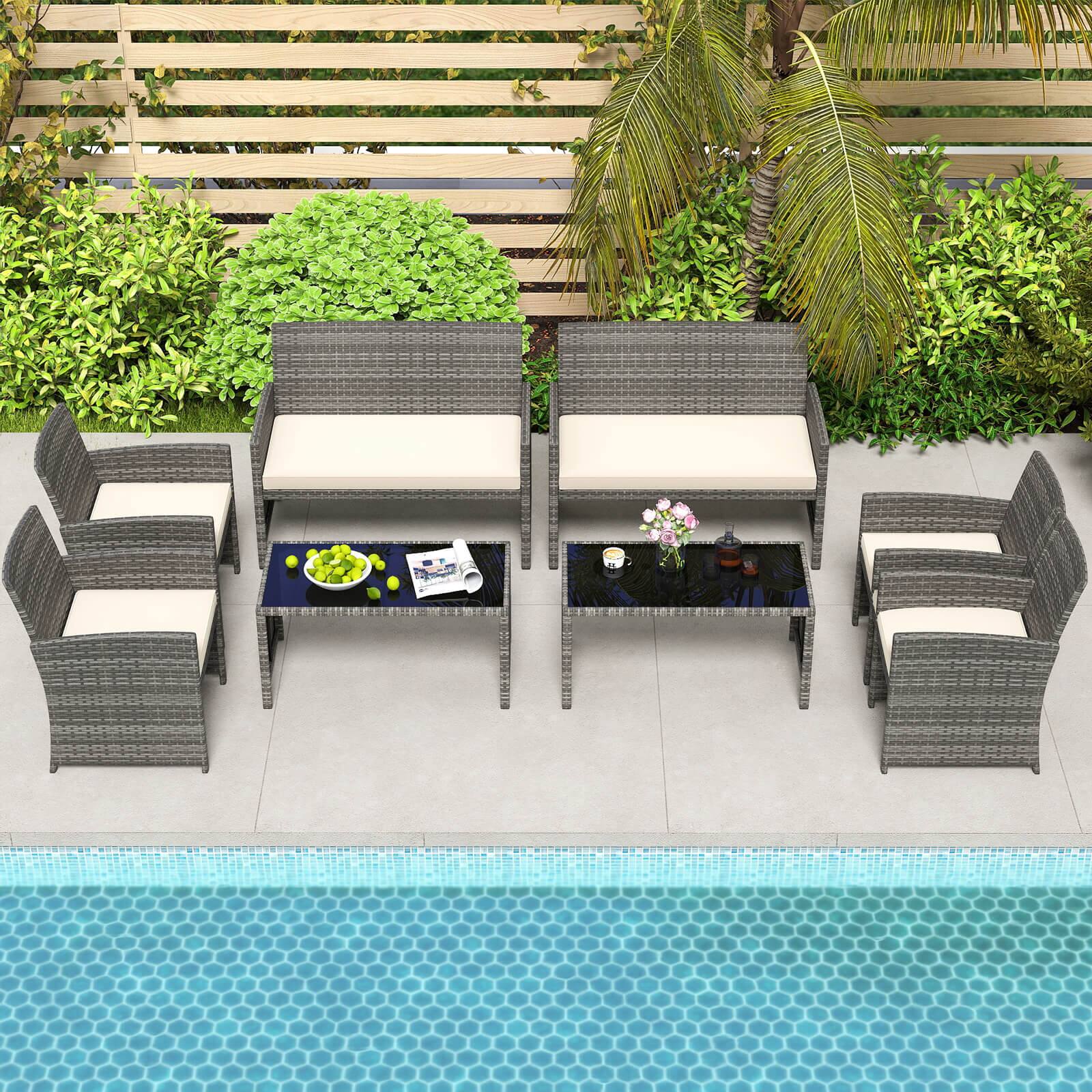 Alt View 4. Costway - Costway 8 PCS Patio Conversation Set with Seat Cushions & Tempered Glass Tabletop, Outdoor - Off-White,Gray.