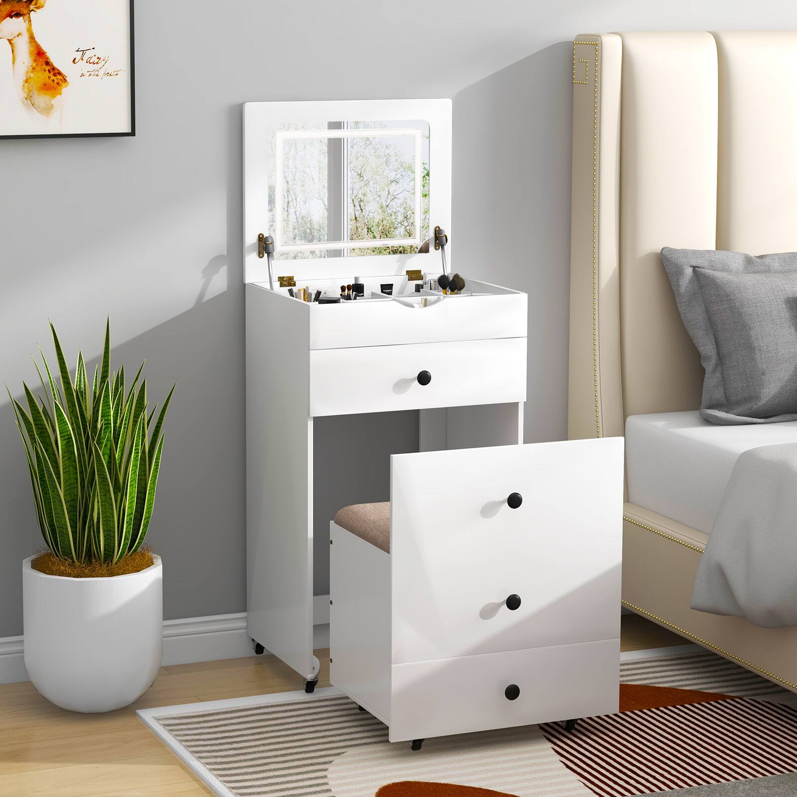 Alt View 9. Ecooso - 3-in-1 Vanity Set with Cushioned Stool and Flip-up Mirror - White.