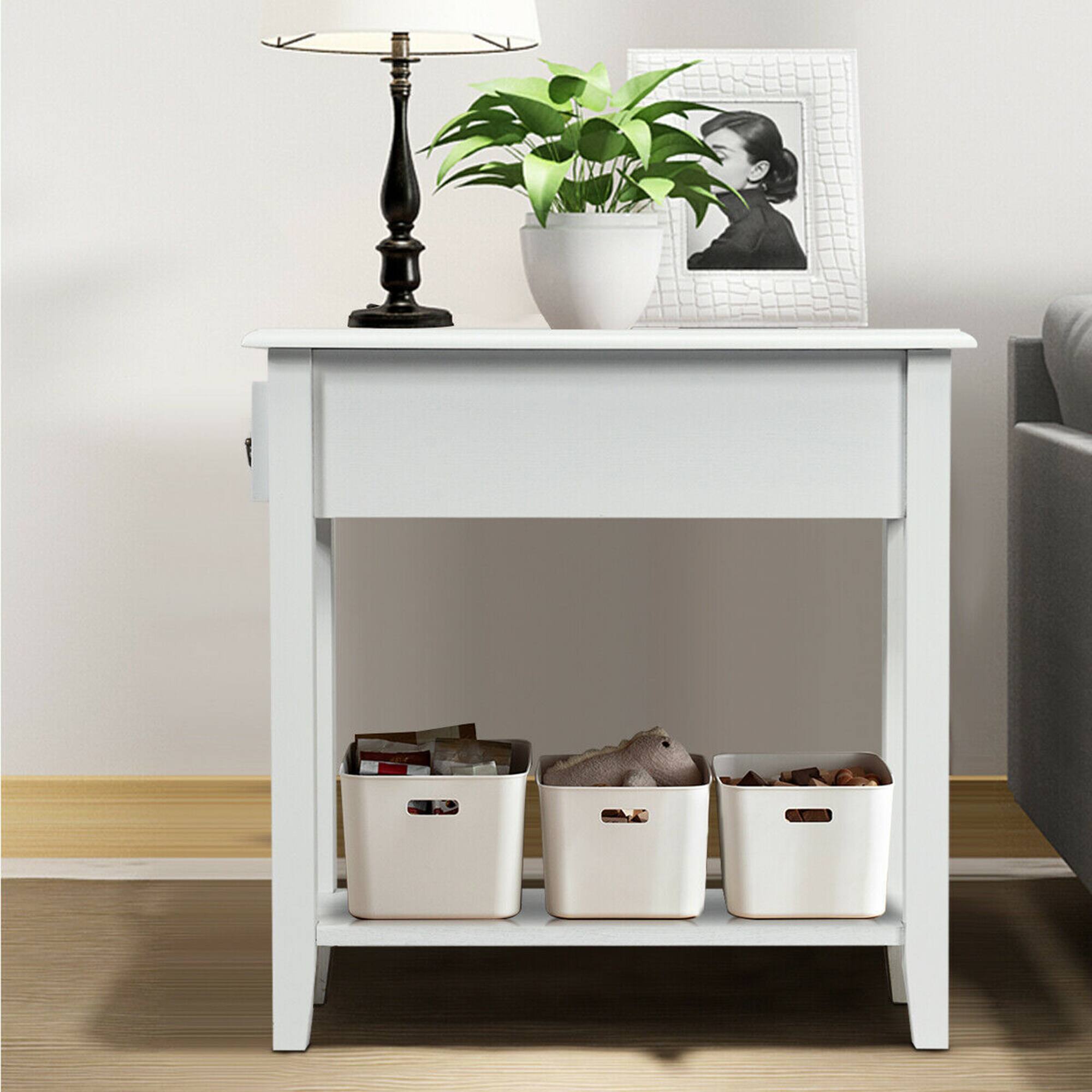 Alt View 4. Costway - Costway 2 Tier End Bedside Sofa Side Table Narrow Nightstand w/Drawer &Shelf - White.