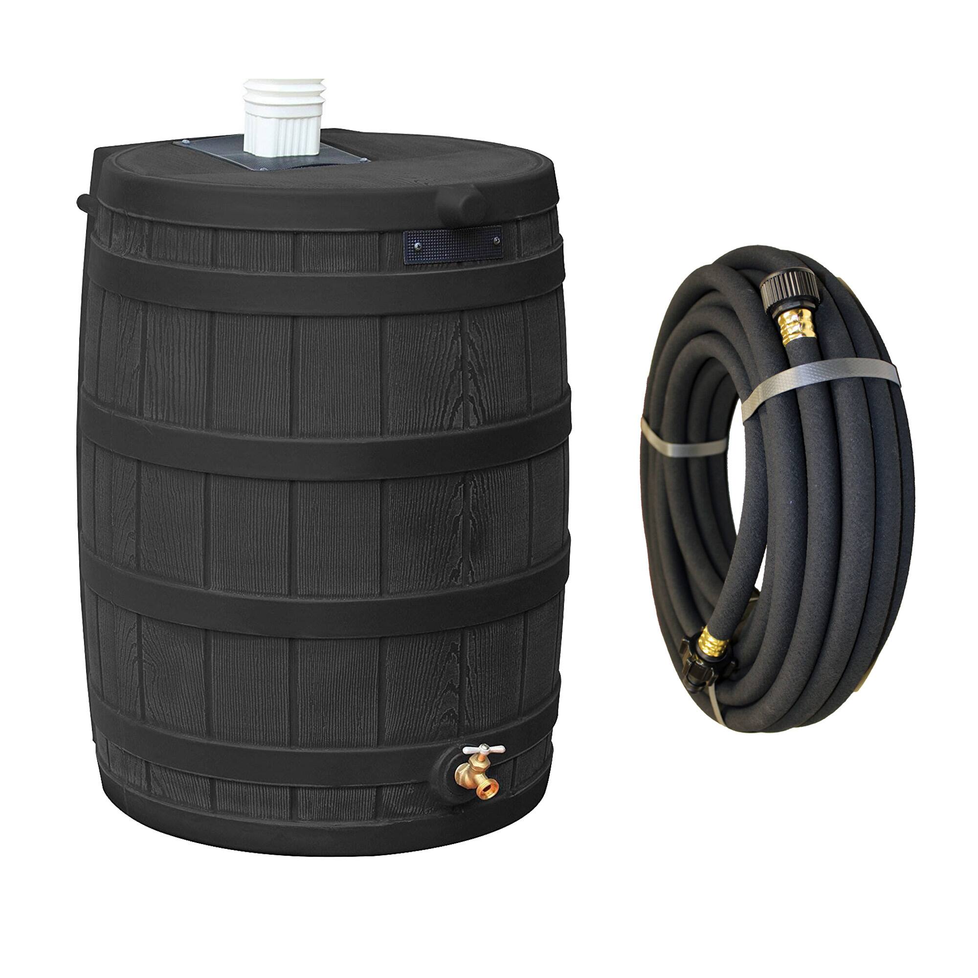 Front. Good Ideas - Good Ideas Rain Wizard 50 Gallon Plastic Rain Barrel, Black with 50' Soaker Hose.