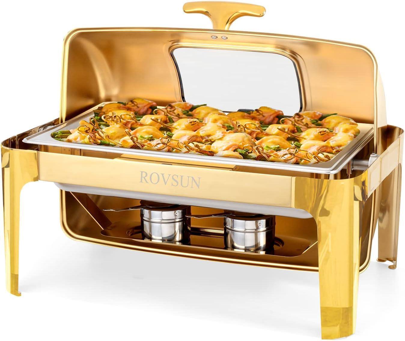 Winado - 9QT Roll Top Chafing Dish Buffet Set Stainless Steel with Fuel Holder Home for Buffets, Hotel Breakfast - Gold