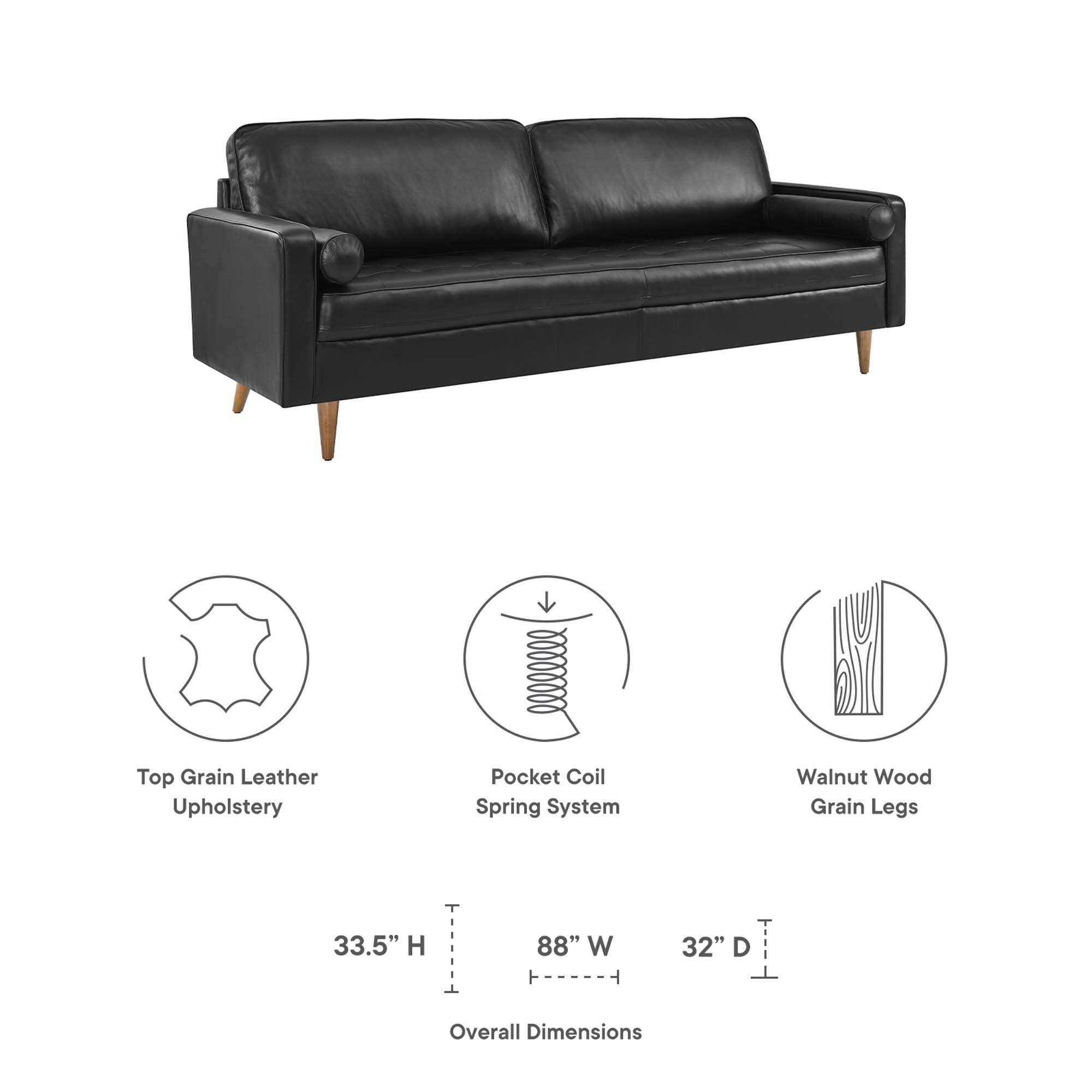 Top Grain Leather Upholstery  
Pocket Coil Spring System  
Walnut Wood Grain Legs  

Overall Dimensions:  
Height: 33.5"  
Width: 88"  
Depth: 32"