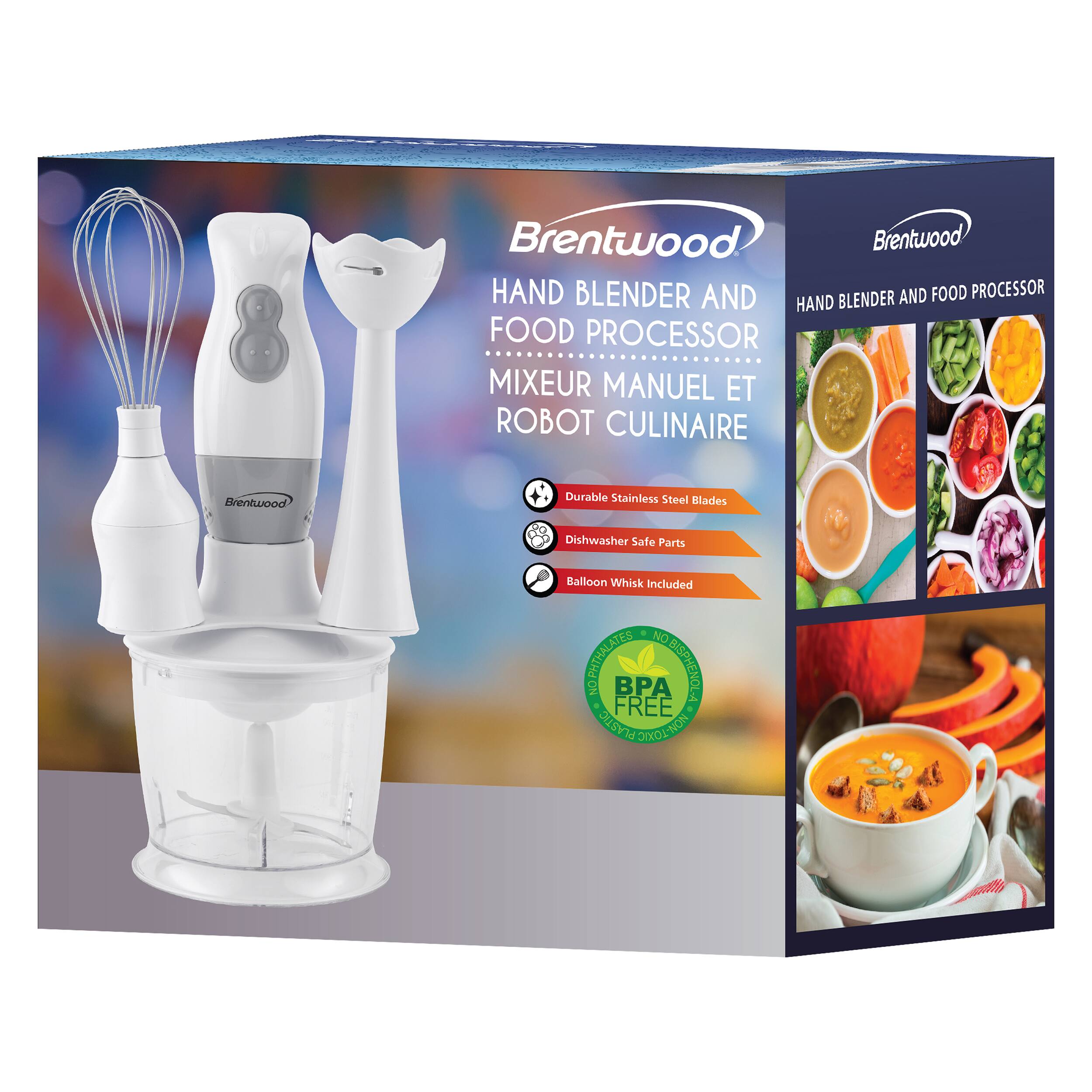 Brentwood HAND BLENDER AND FOOD PROCESSOR MIXEUR MANUEL ET ROBOT CULINAIRE Brentwood Durable Stainless Steel Blades Dishwasher Safe Parts Balloon Whisk Included NO PHTHALATES NO BPA FREE PLASTIC NON-TOXIC