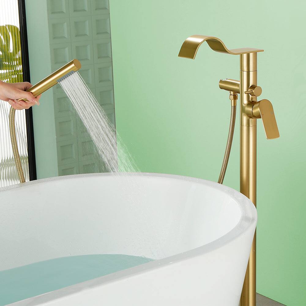 Alt View 3. Boyel Living - Brushed Gold Bathtub Faucet Dual Function 360 Degrees Rotatable 1.5m SUS304 Hose Independent Handles - Brushed Gold.