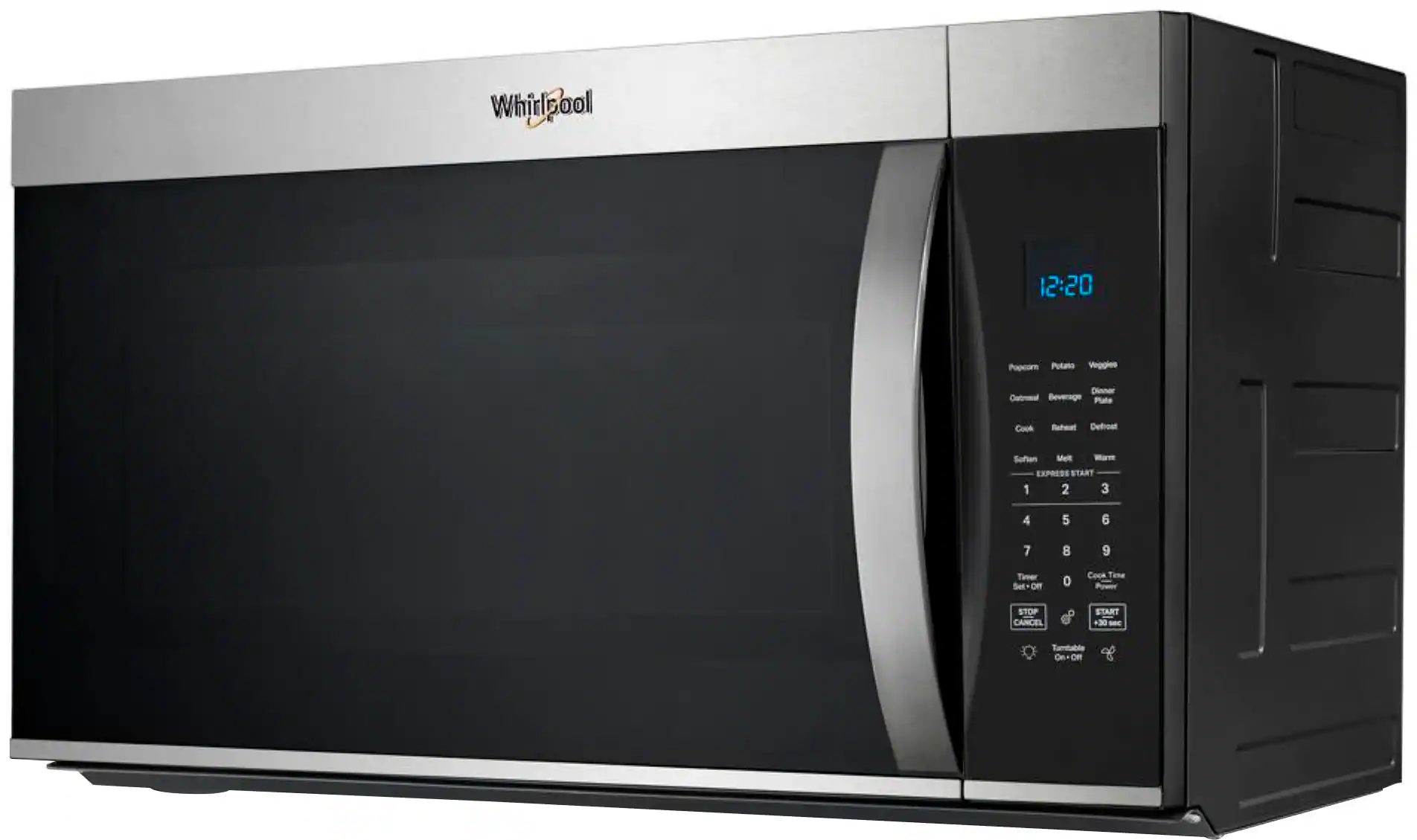 Whirlpool 12:20 Popcorn Potato Veggies Dinner Outmeal Beverage Plate Cook Reheat Defridge Soften Melt -arme EXPRESS START 1 2 3 4 5 6 7 8 9 Timer Set on 0 Coce Tame STOP CANCEL START +30 -C Tumitable On on