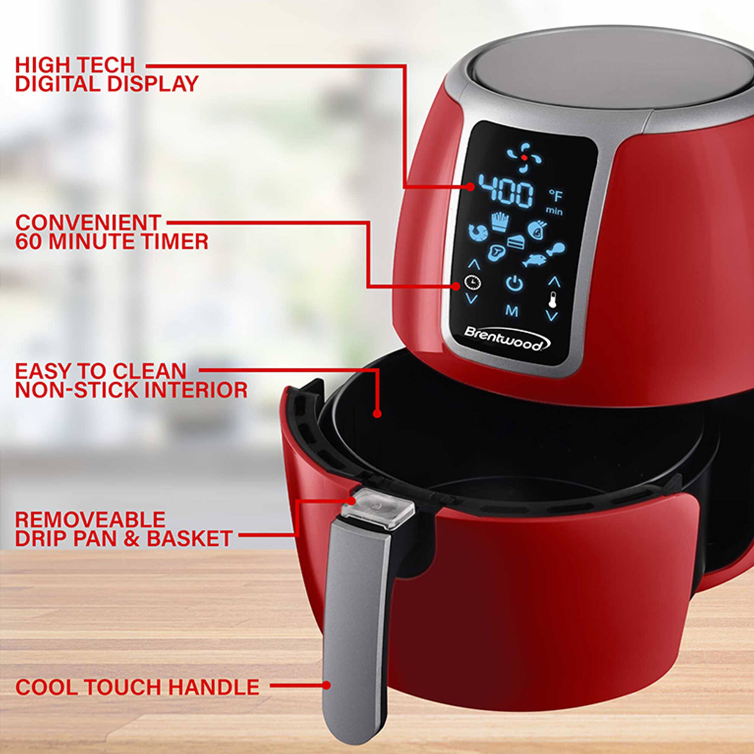 The image shows a red kitchen appliance with a digital display, which has a timer that can be set for 60 minutes. The appliance is easy to clean and has a non-stick interior. It also features a cool-touch handle and a removable drip pan and basket. The appliance is made by Brentwood.