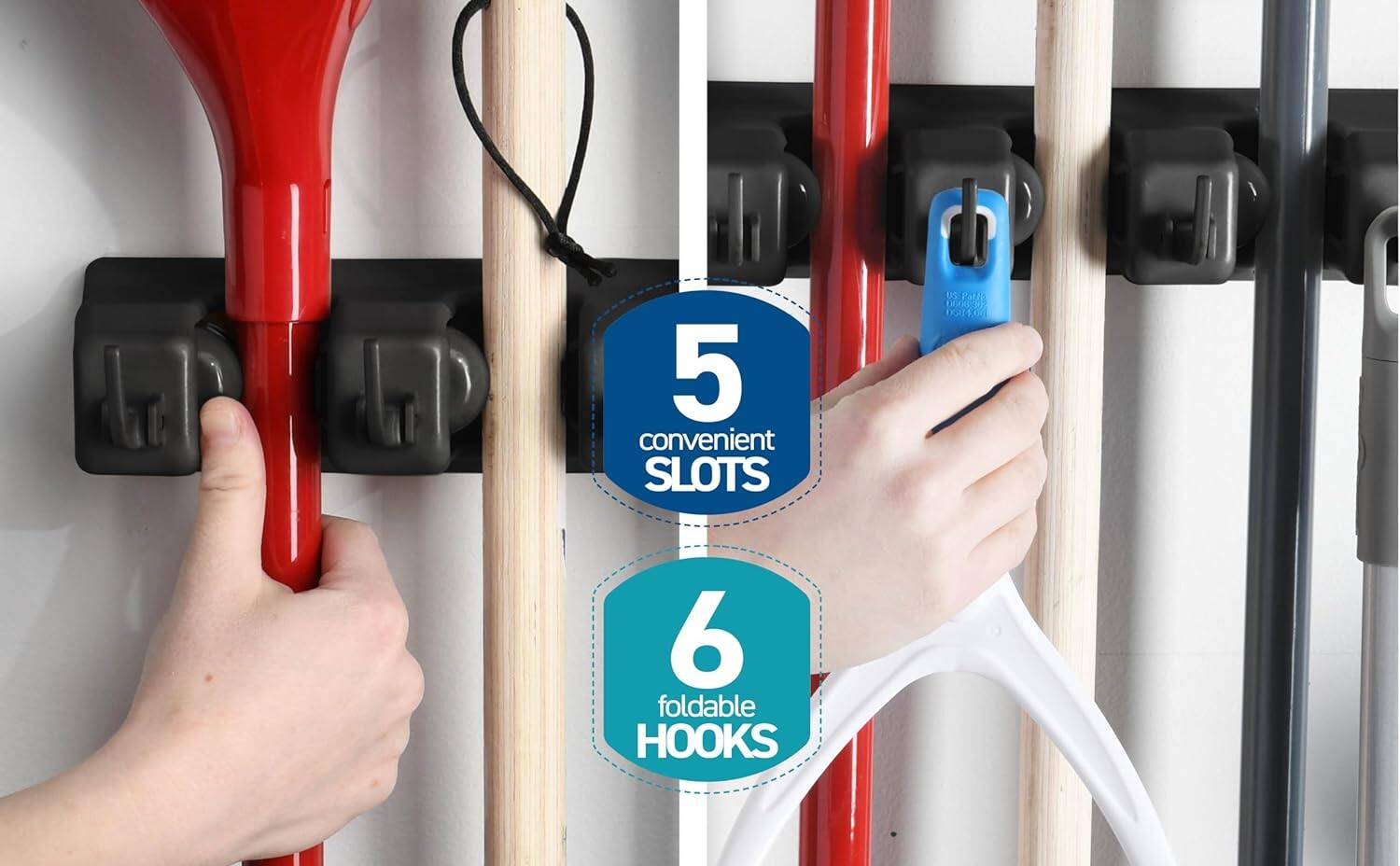 5 convenient SLOTS  
6 foldable HOOKS