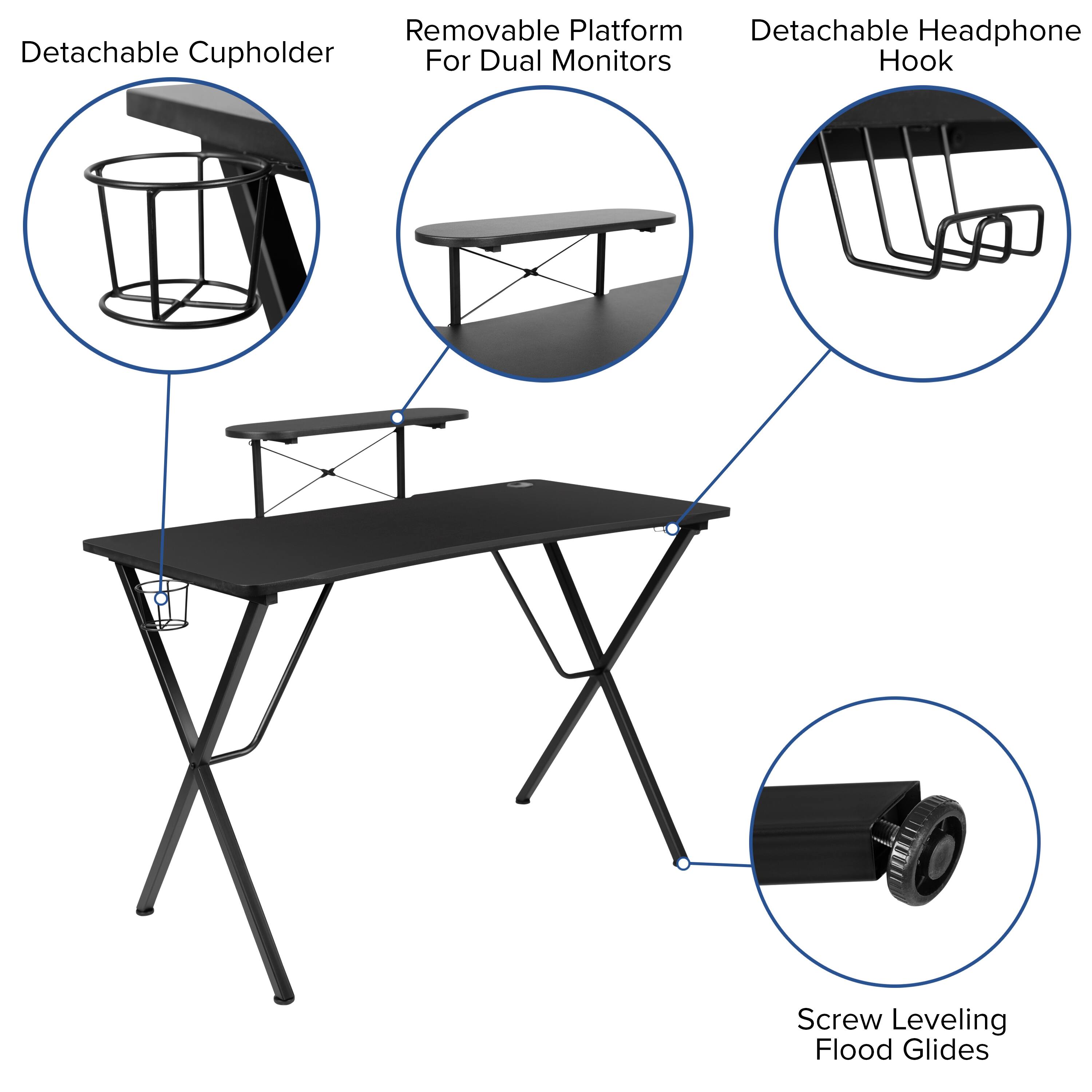 - Detachable Cupholder
- Removable Platform For Dual Monitors
- Detachable Headphone Hook
- Screw Leveling Flood Glides