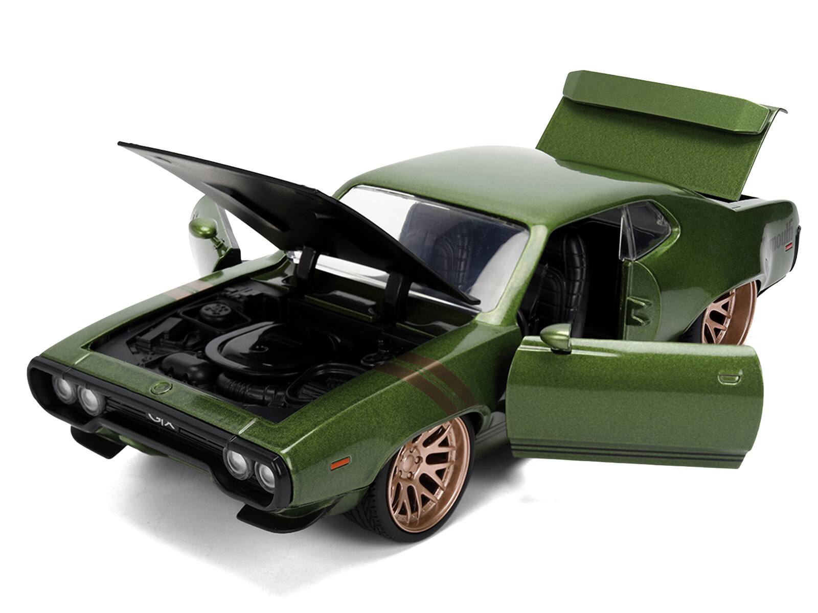 Alt View 1. Jada - 1972 Plymouth GTX Green Metallic with Matt Black Hood and Gold Stripes "Bigtime Muscle" Series 1/24 Model Car by Jada - Multicolor.