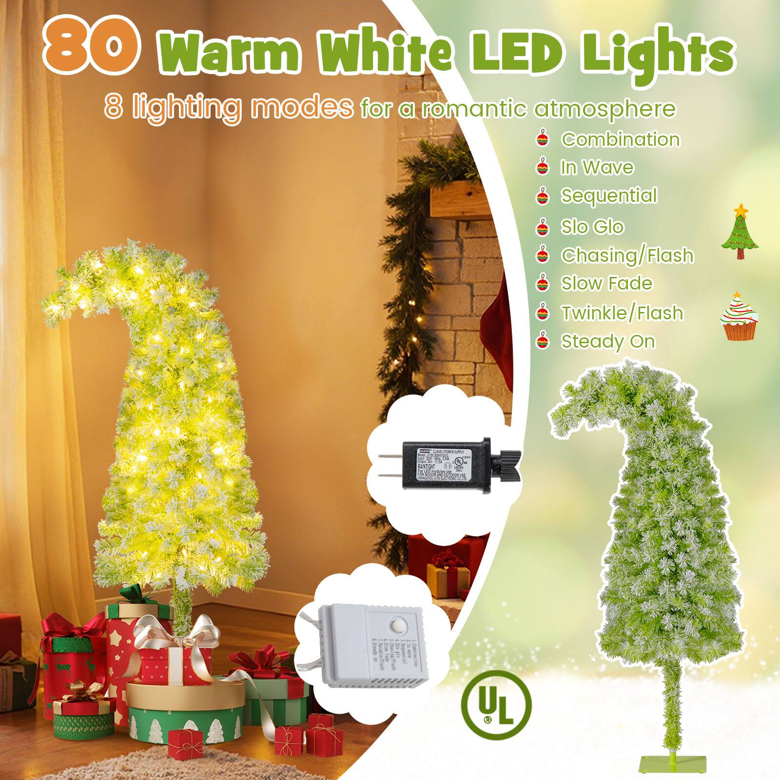 80 Warm White LED Lights  
8 lighting modes for a romantic atmosphere  
- Combination  
- In Wave  
- Sequential  
- Slo Glo  
- Chasing/Flash  
- Slow Fade  
- Twinkle/Flash  
- Steady On  

UL