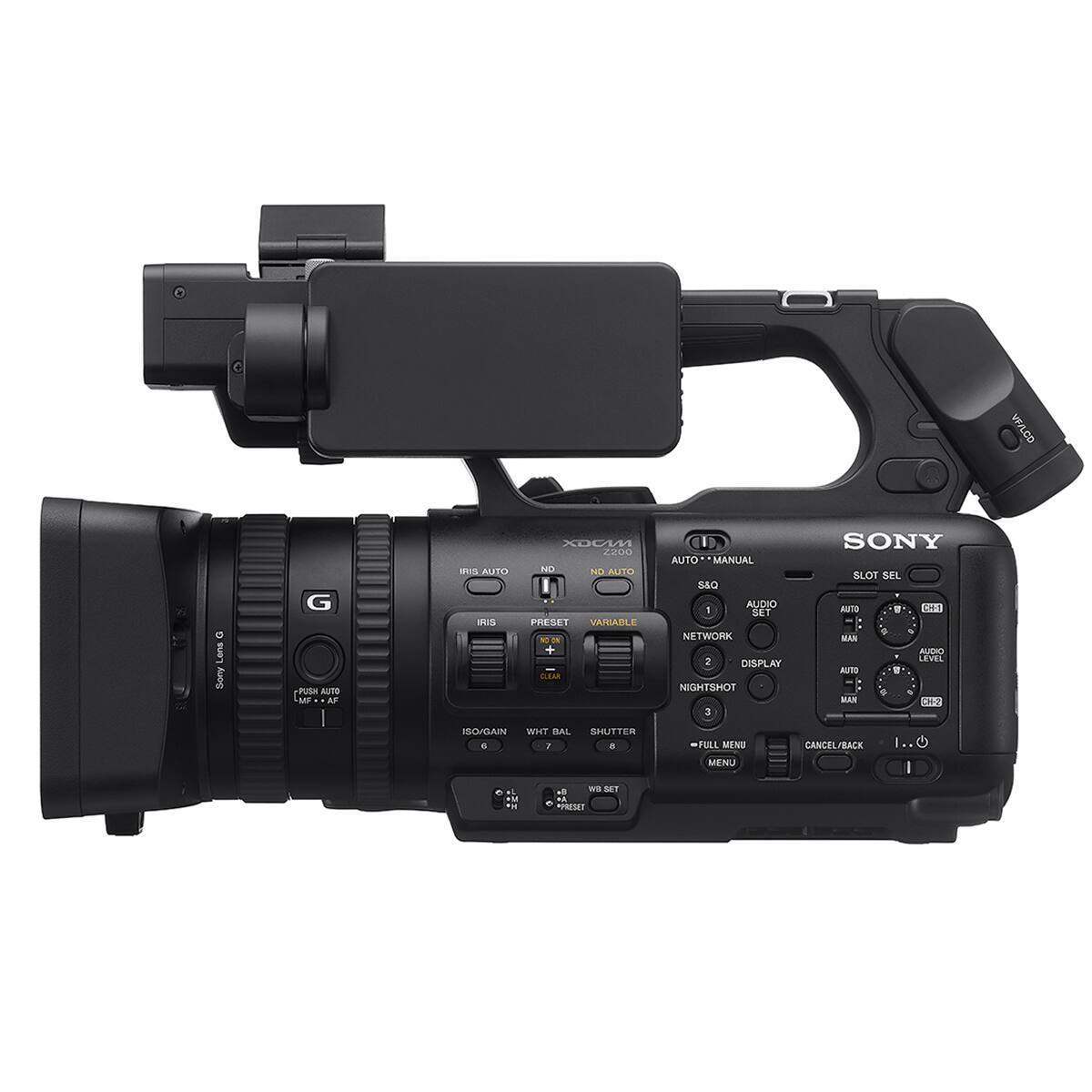 VF/LCD  
Lens Sony  
G PUSH AUTO MF AF  
IRIS AUTO RIS  
XDCM Z200 ND ND AUTO PRESET VARIABLE NO-ON + CLEAR  
0 AUTO MANUAL S&Q AUDIO 1 SET NETWORK 2 DISPLAY NIGHTSHOT J  
SONY SLOT SEL AUTO CM-1 MAN AUDIO LEVEL AUTO MAN CH-2  
ISO/GAIN WHT BAL SHUTTER 6 7 8  
FULL MENU  
CANCEL/BACK  
MENU  
L M He  
& WB SET PRESET