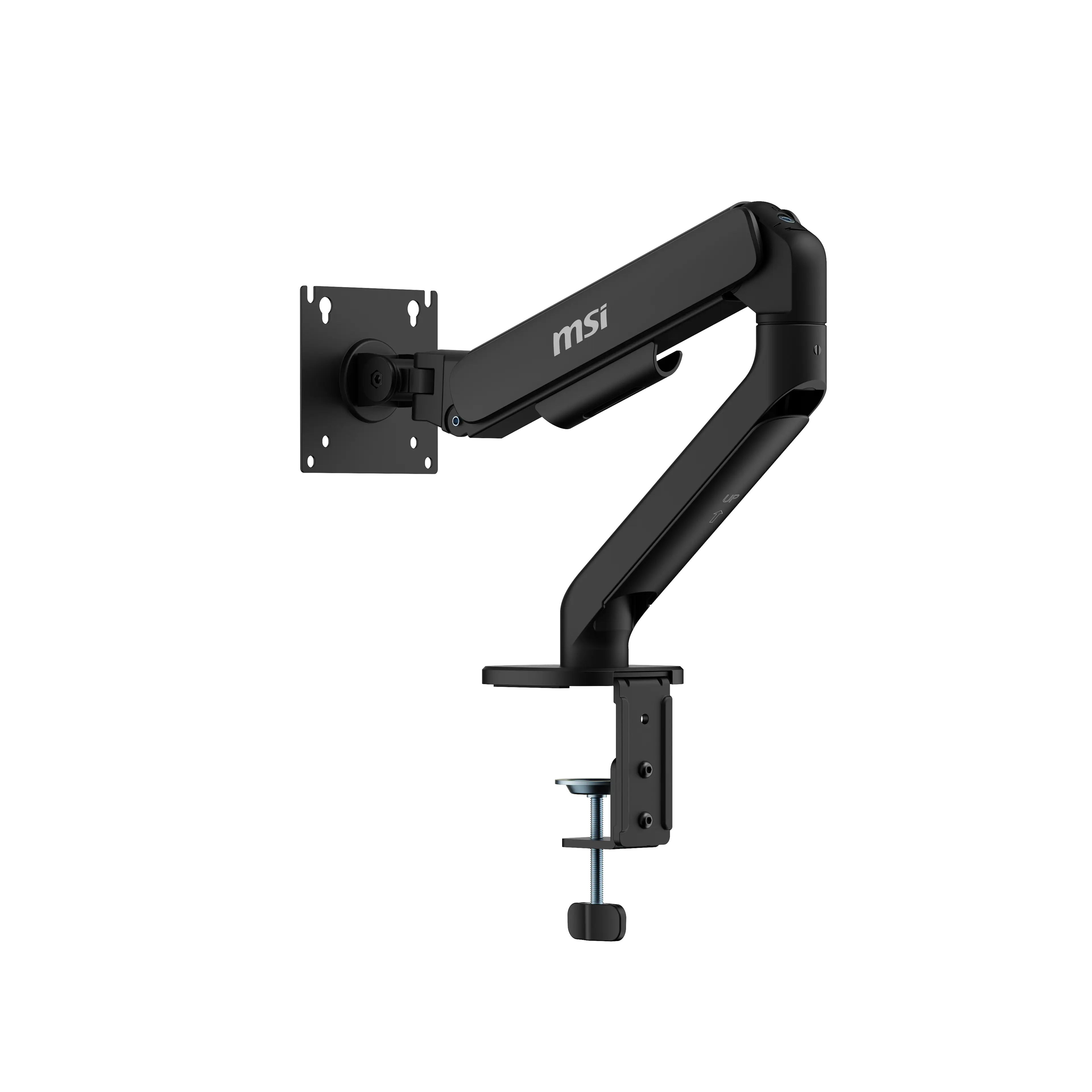 Back. MSI - MAG MT101G Single Monitor Arm – Adjustable Desk Mount, VESA Compatible, 17–32in, 22 lbs Capacity, Clamp & Grommet - Matte Black.